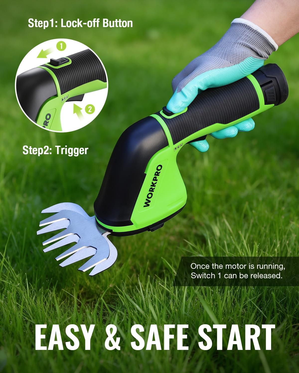 Cordless grass shear with safety lock and trigger handle, gloved hand trimming lawn