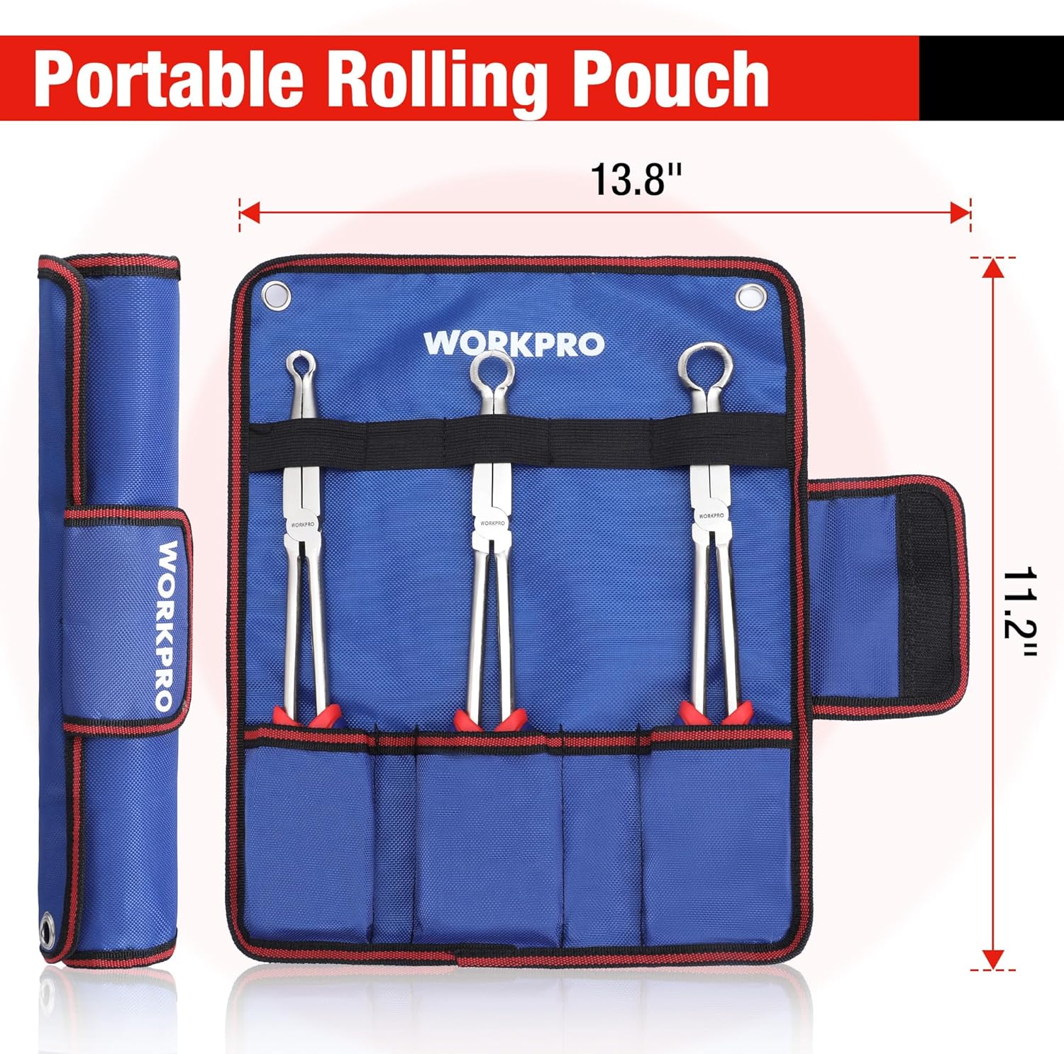 Blue rolling tool pouch holding three hose gripper pliers with numbered pockets and loops