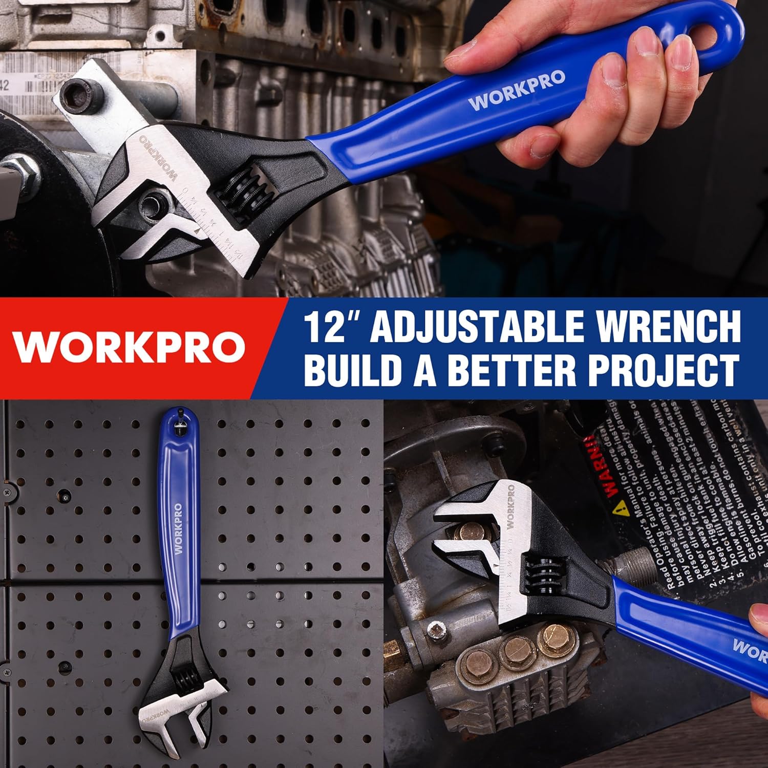 WORKPRO 12-inch adjustable wrench gripped by hand over engine parts