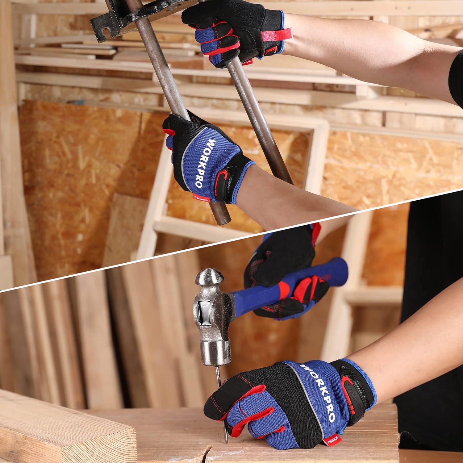 Safety work gloves worn for mechanical tasks, black/blue with red palm and wrist grip