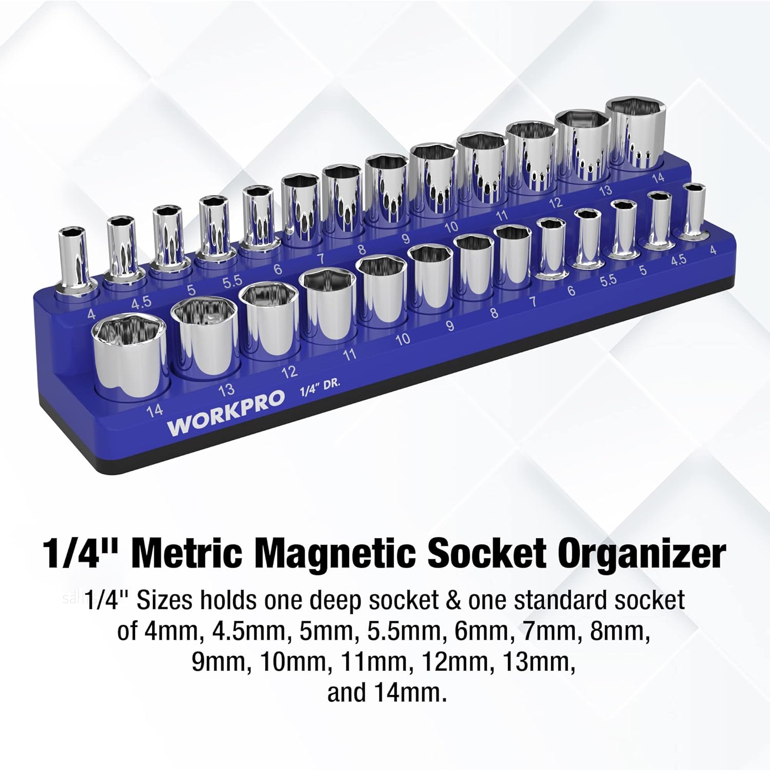 Blue magnetic 1/4-inch metric socket organizer tray with chrome socket holders
