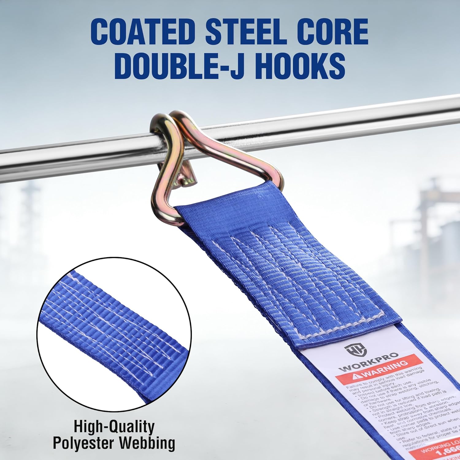 Blue polyester webbing ratchet strap with double-J coated steel hooks