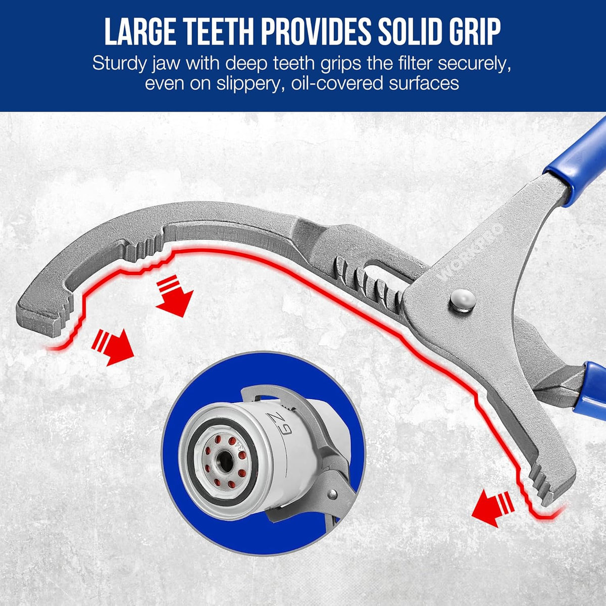 Oil filter wrench clamping onto a filter rim with deep serrated teeth and grey jaw grips