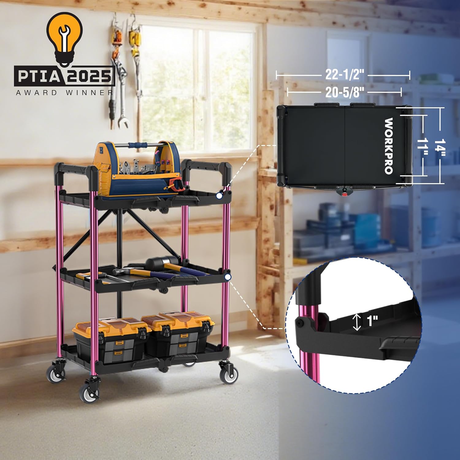 Black 3-tier cart with pink frame and caster wheels, shown with tools on shelves