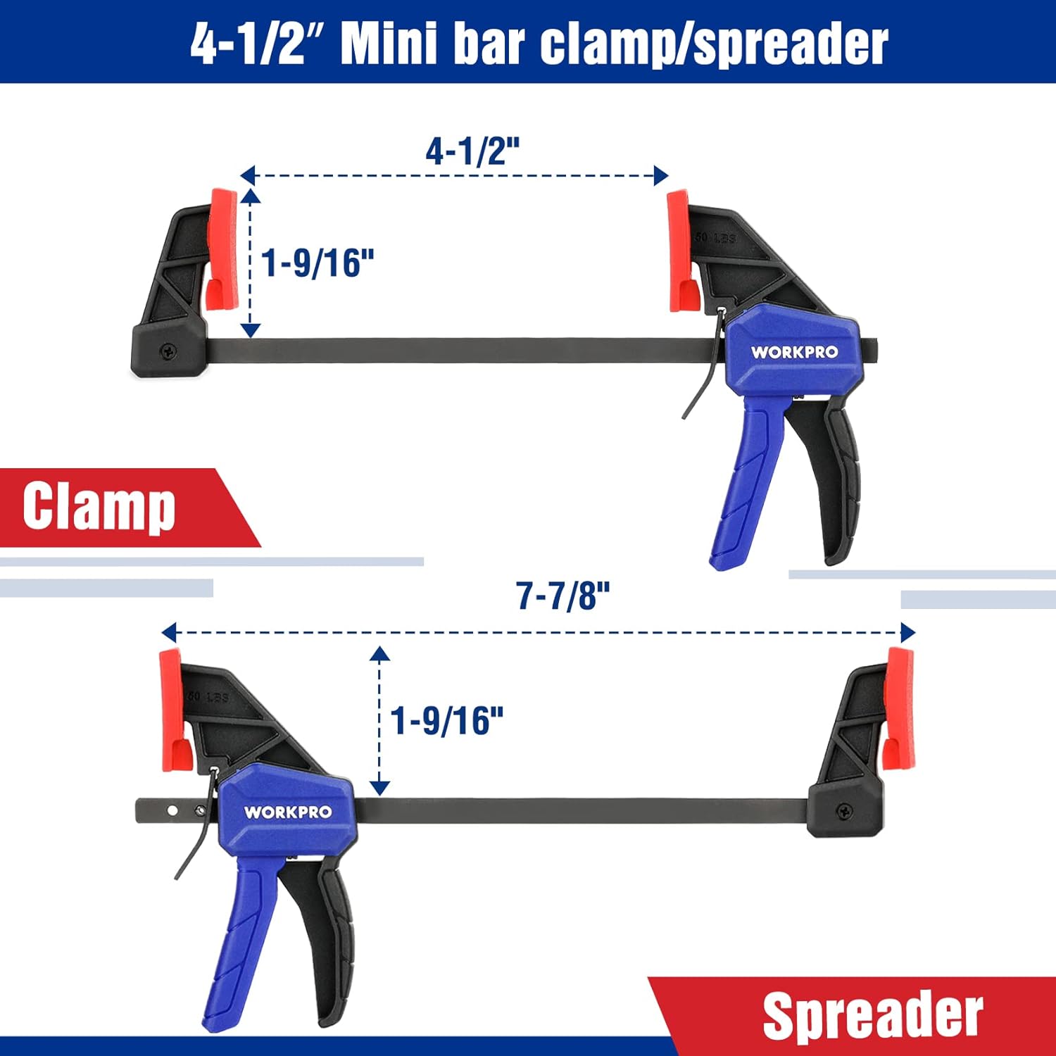 WORKPRO 4-1/2 in mini bar clamp/spreader with blue handle and red pads