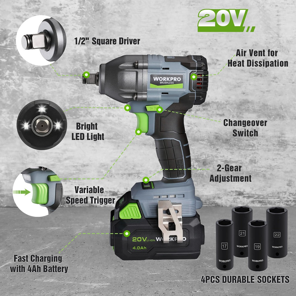 20V cordless impact wrench with 1/2 square driver and four socket adapters