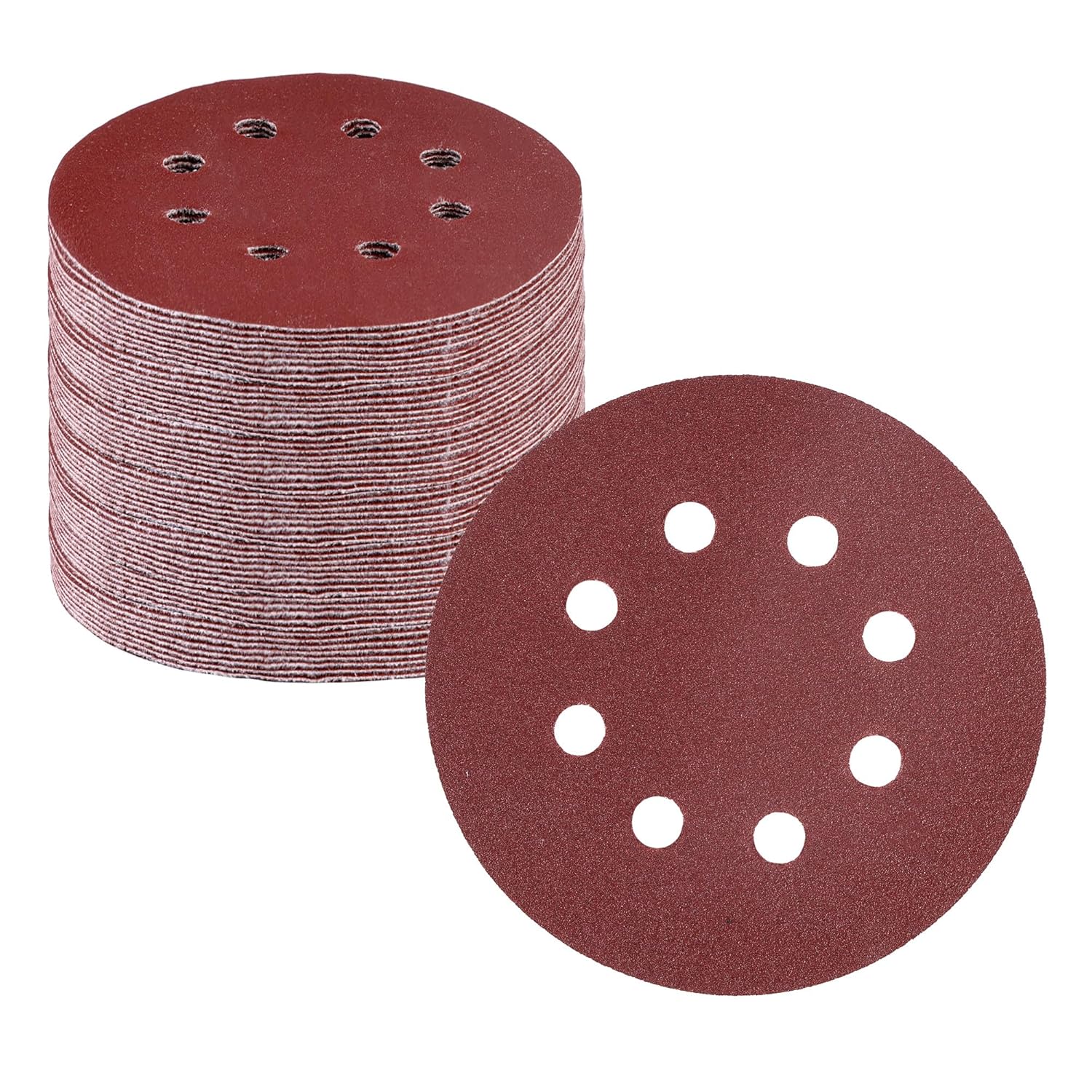 Red 8-hole hook-and-loop sanding disc stack, 5-inch round, 120-grit