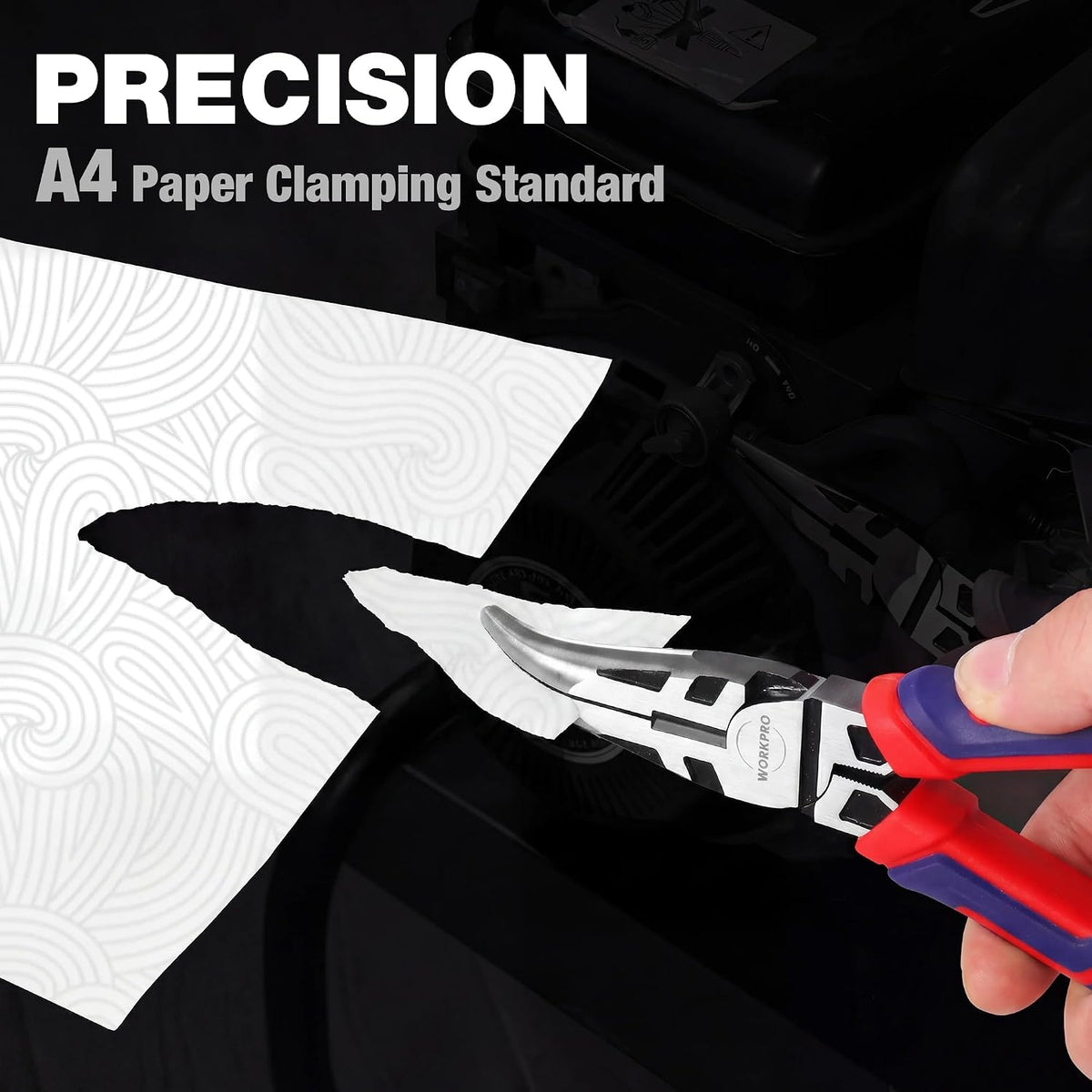 Bent needle-nose pliers clamping a sheet, with red/blue soft-grip handles