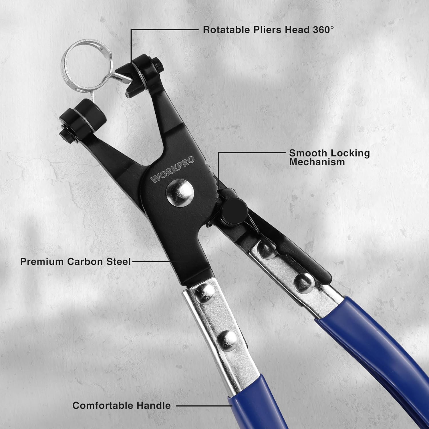 Blue-handled hose clamp pliers with rotatable 360° head and locking mechanism