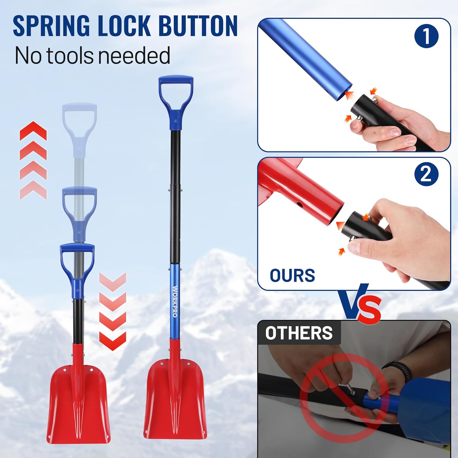 Detachable snow brush and ice scraper with spring lock button for quick assembly.