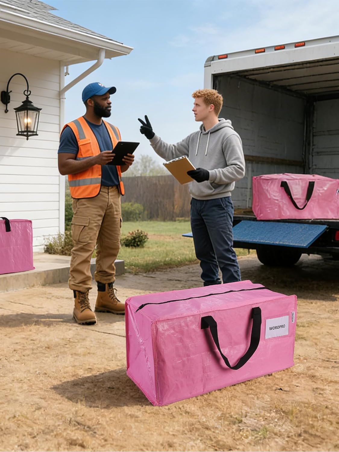 Pink extra-large moving storage tote with zipper and black carry handles.