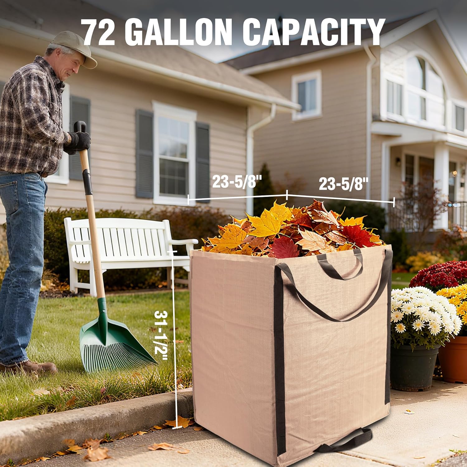 Light tan reusable yard waste bag with reinforced handles and large bin style