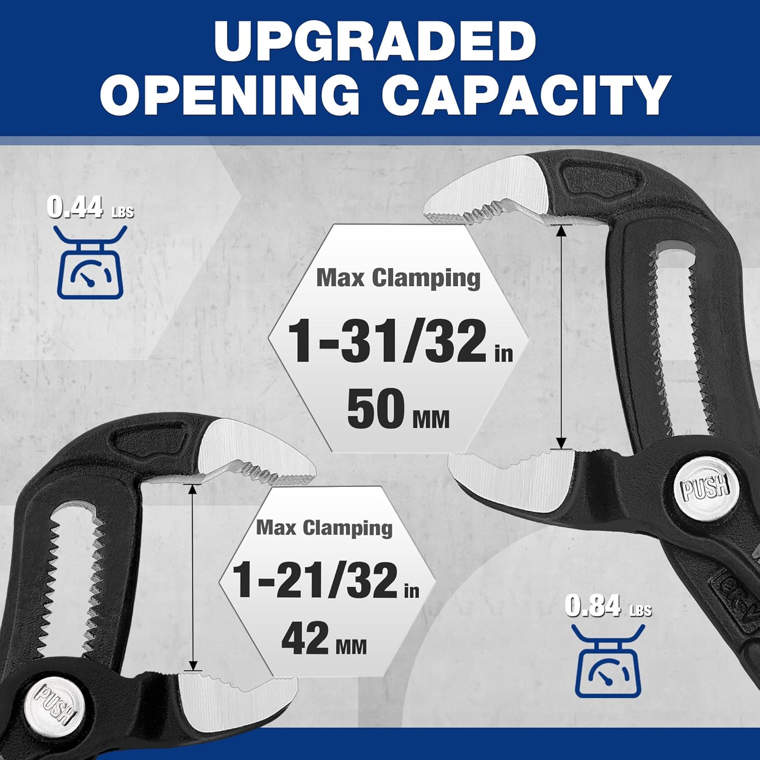 Water pump pliers set with V-jaw and push-lock, black heads, blue soft-grip handles