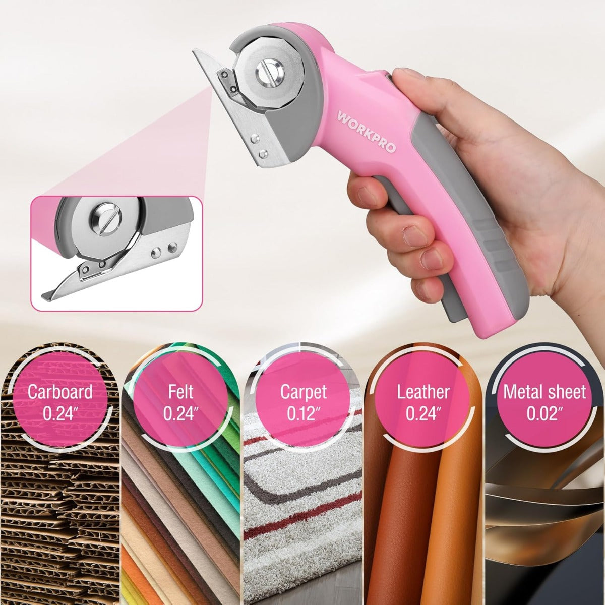 Pink cordless rotary cutter with metal blade guard, close-up on grip