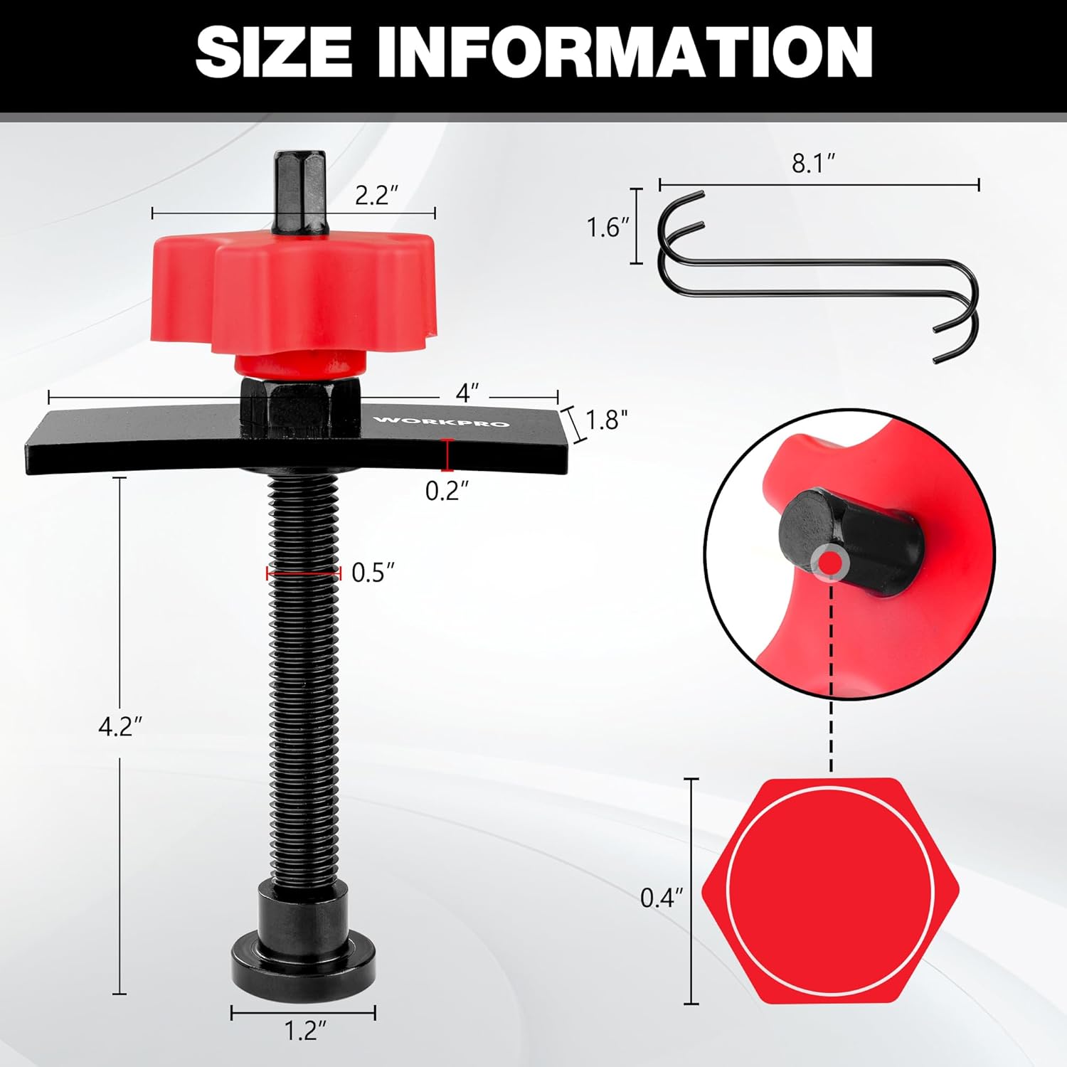 Red and black brake pad spreader tool with threaded screw and swivel contact plates
