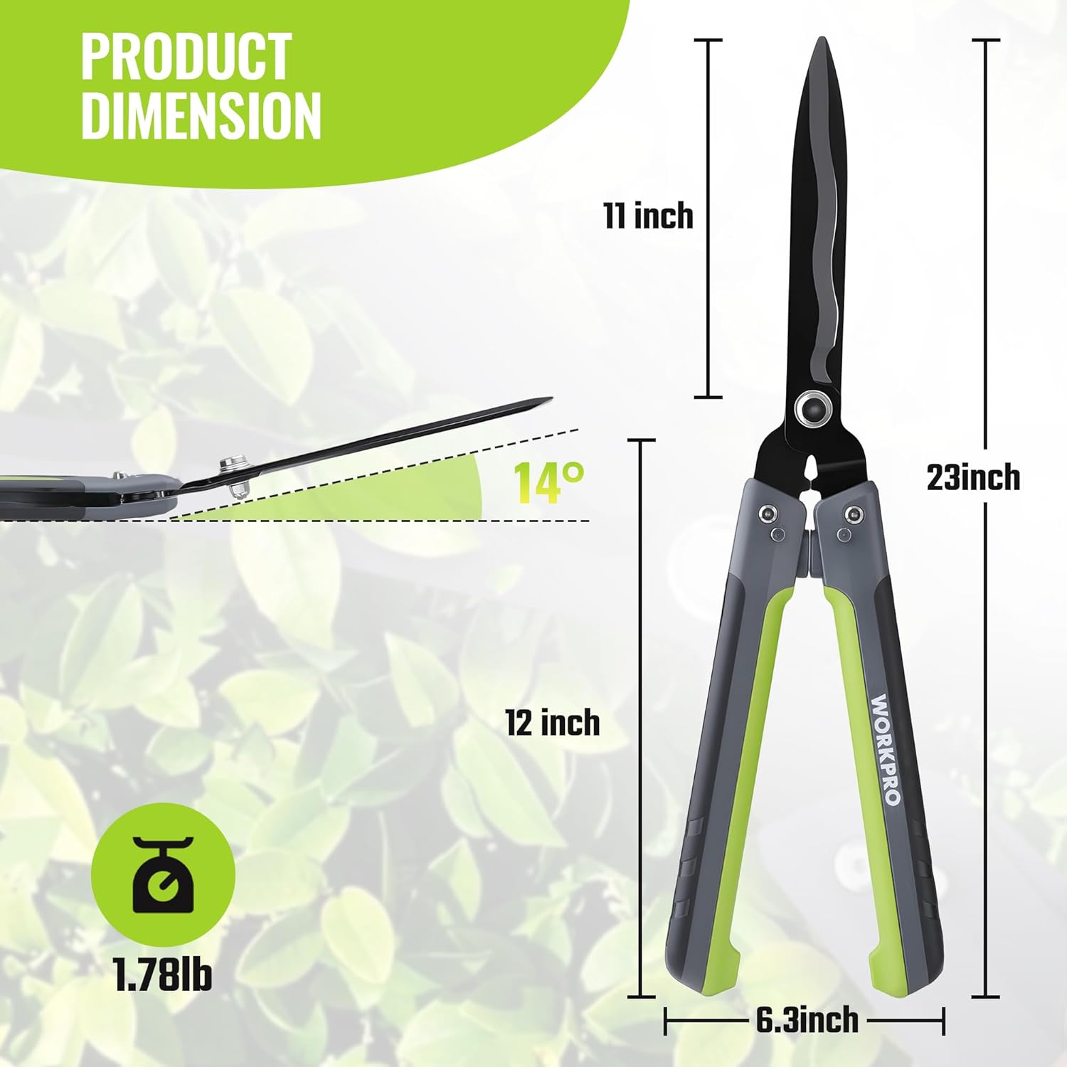 Foldable hedge shears with black wavy blades and green ergonomic handles