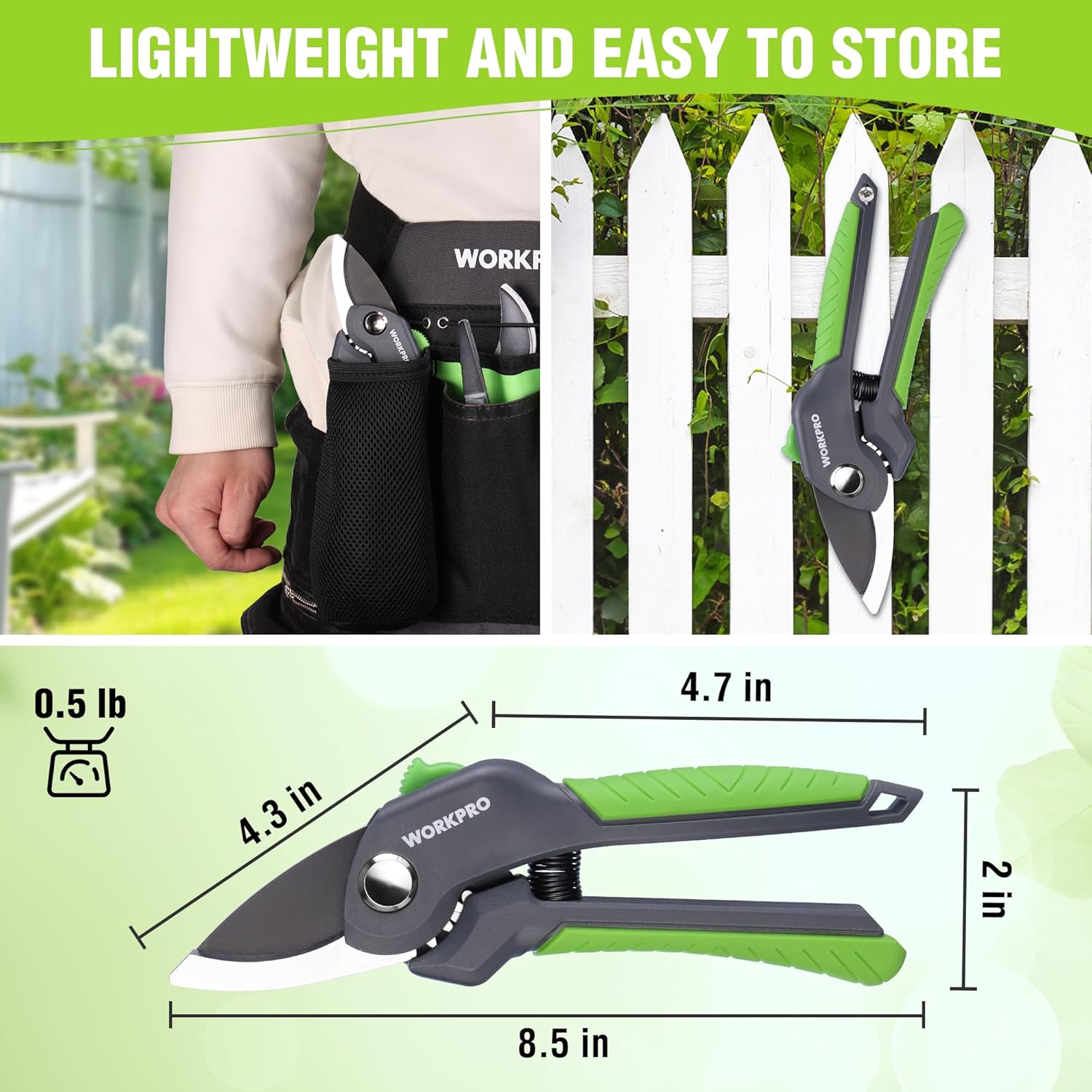 WORKPRO bypass pruning shears with green handle, shown with storage pouch and size markings