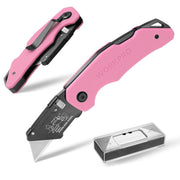 Pink G10 folding utility knife with black blade and safety lanyard loop