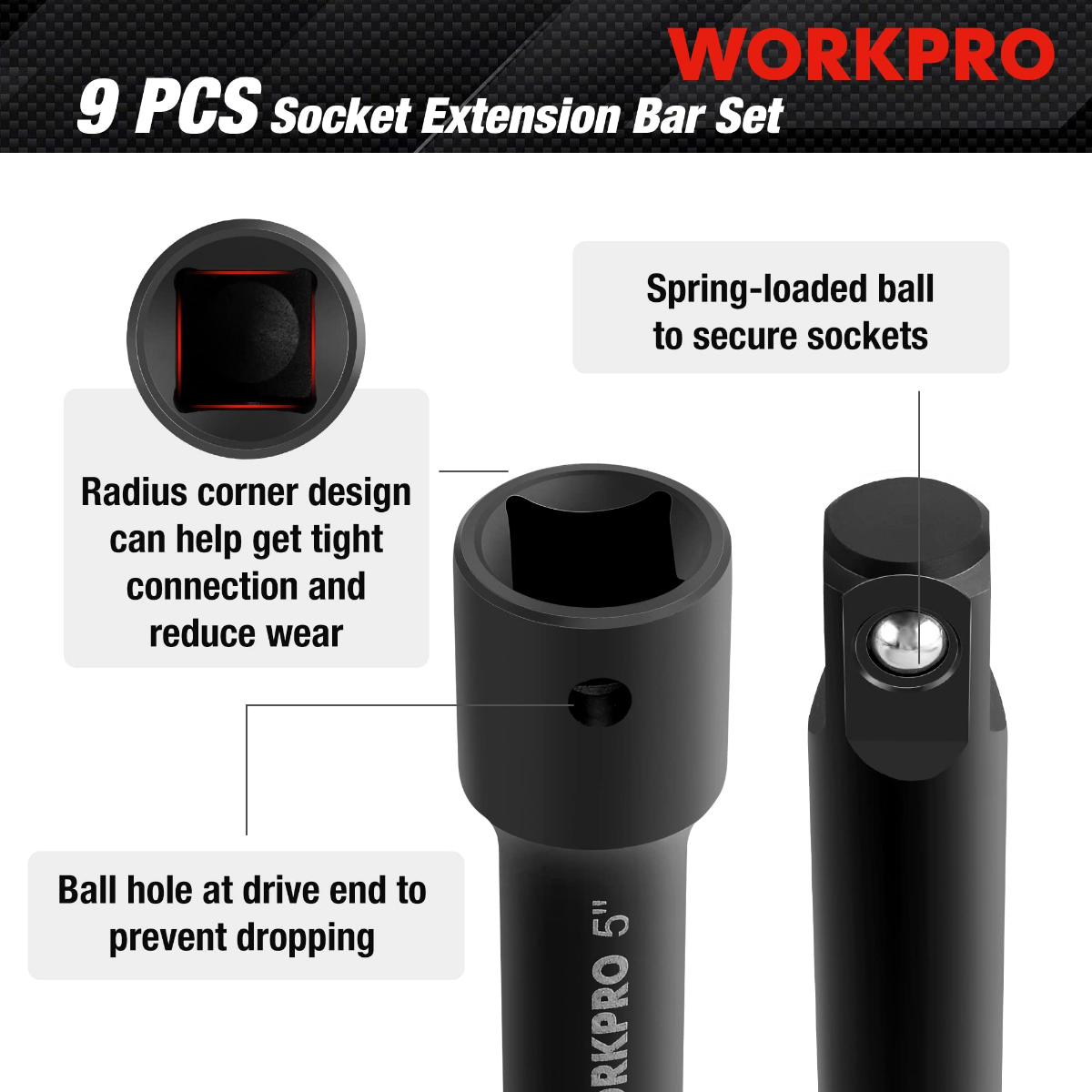 Black socket extension bar with spring-loaded ball locking design