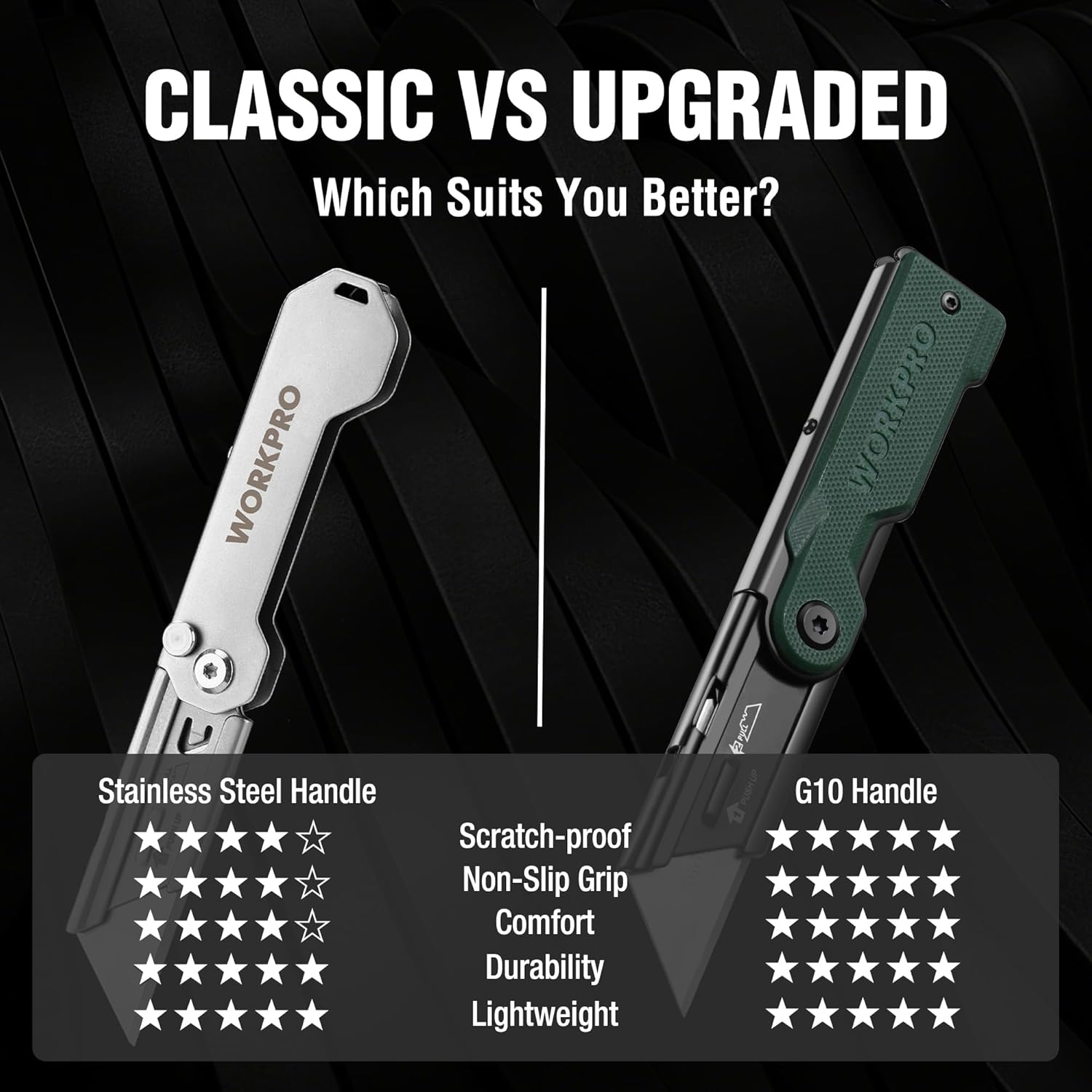 Folding utility knife with green G10 handle and compact blade, plus alternate handle