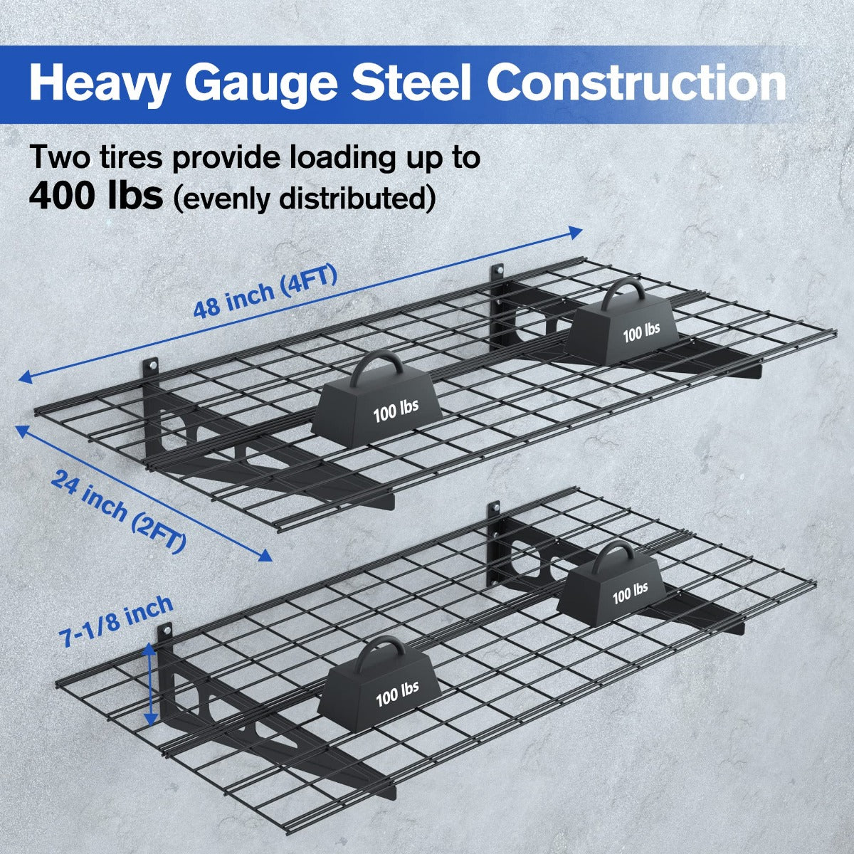Black wall shelving dimensions diagram with wire grid decks and 400 lb load points