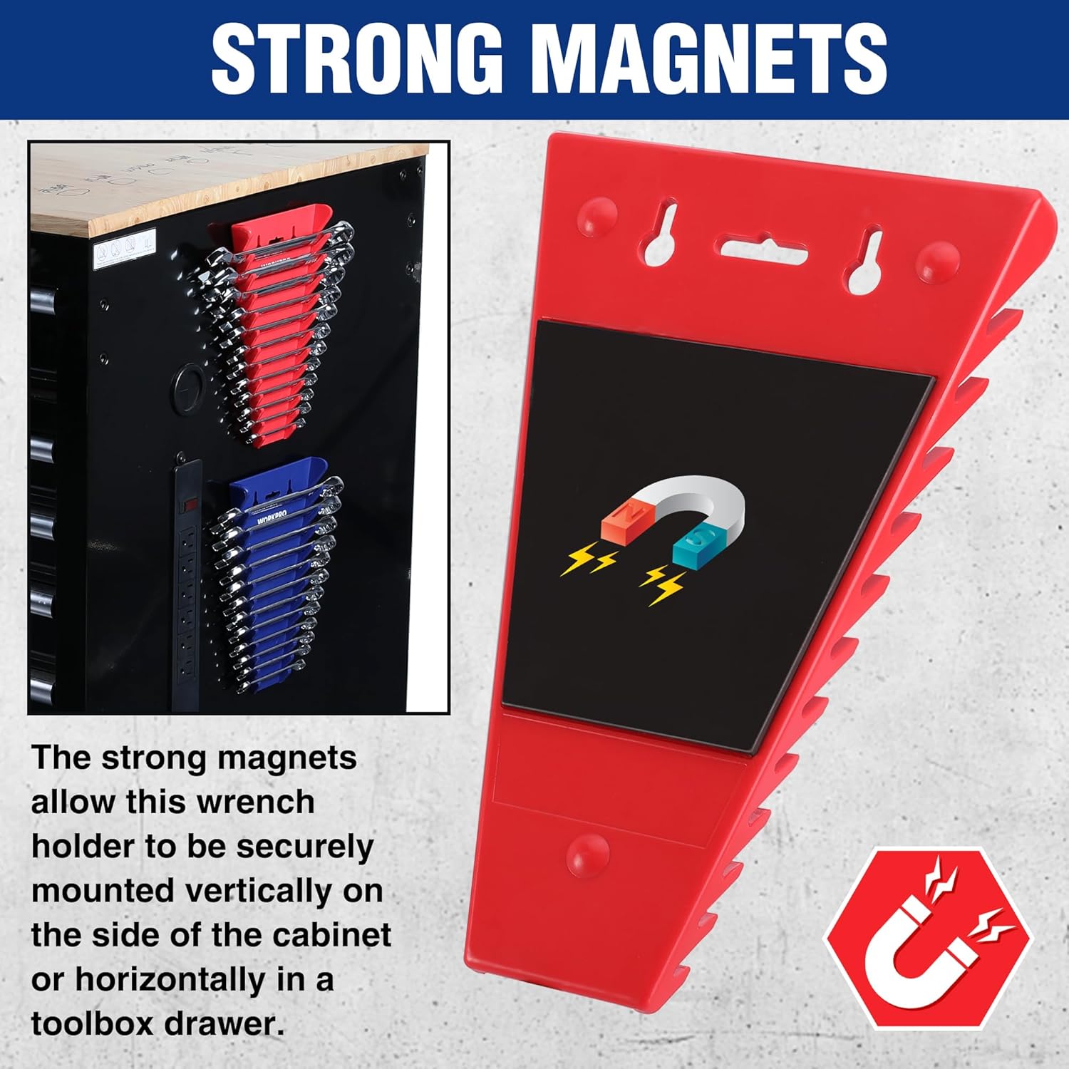 Magnetic wrench organizer rack in red with mounting slots and holes for tool storage