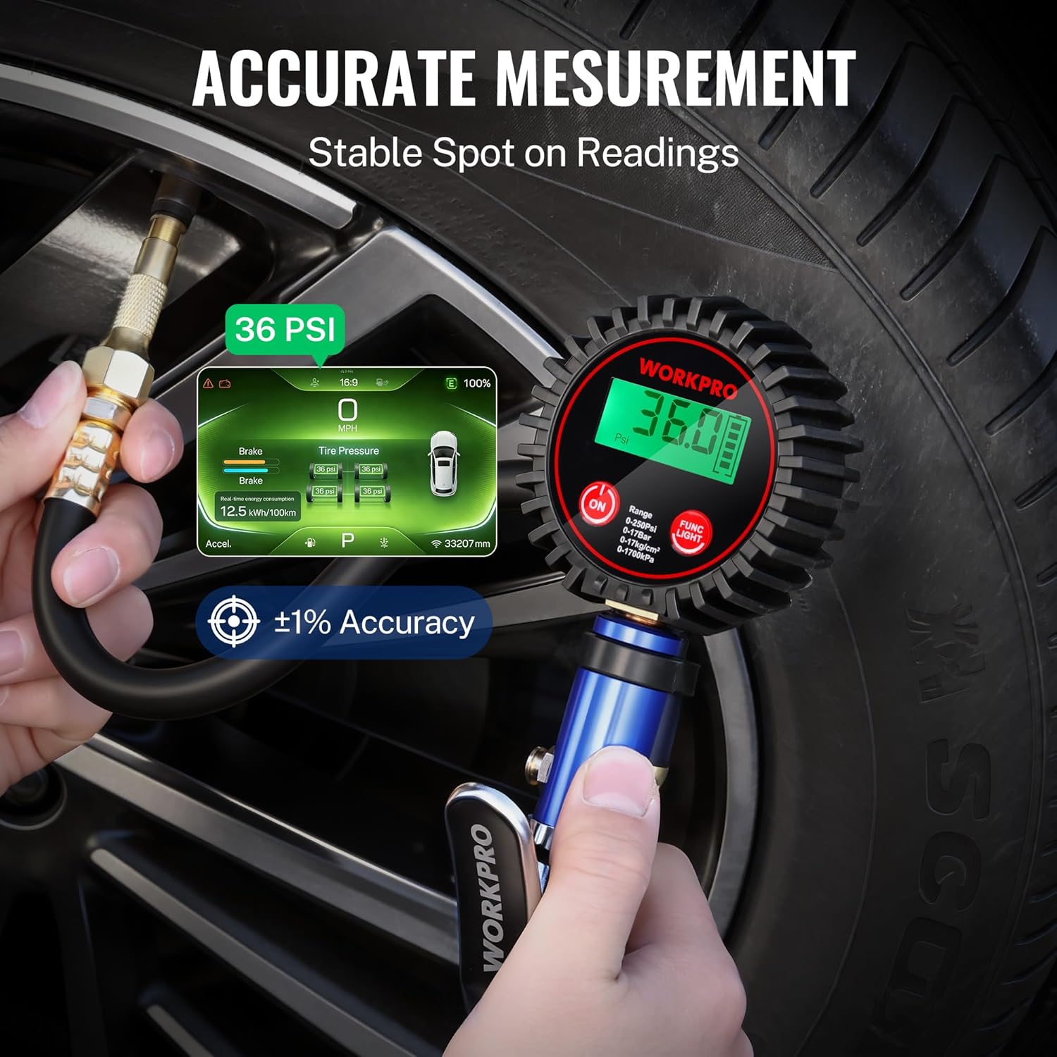 Digital tire pressure gauge connected to a tire valve for reading pressure