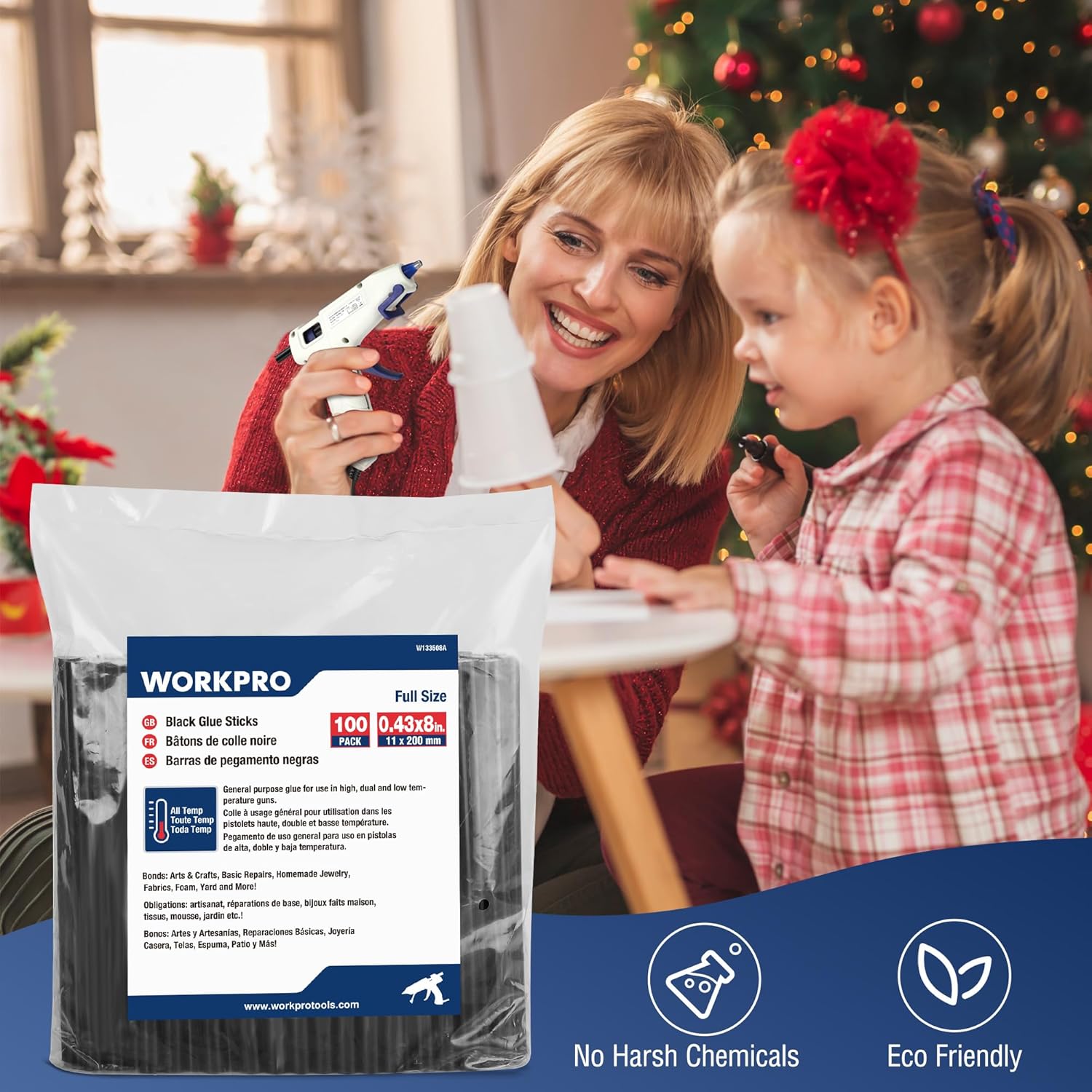 WORKPRO glue sticks pack held by family during gifting, black sticks in bag