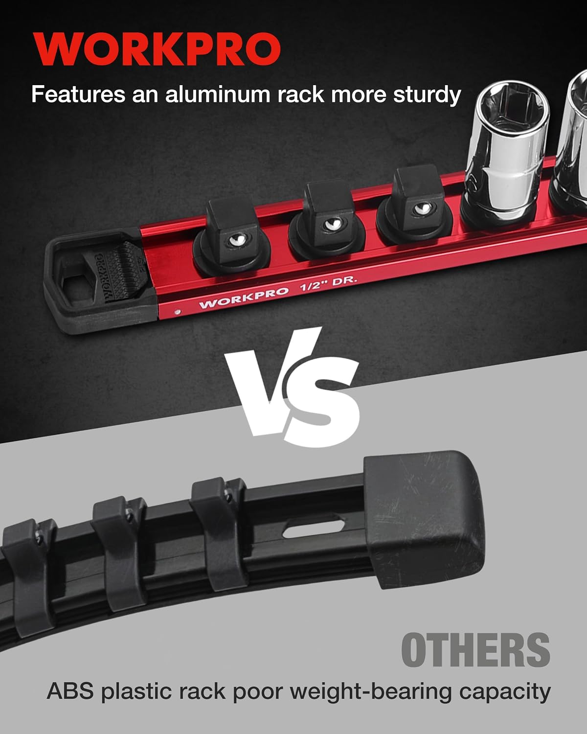 Aluminum socket rack rail with black spring clips and sockets shown on top