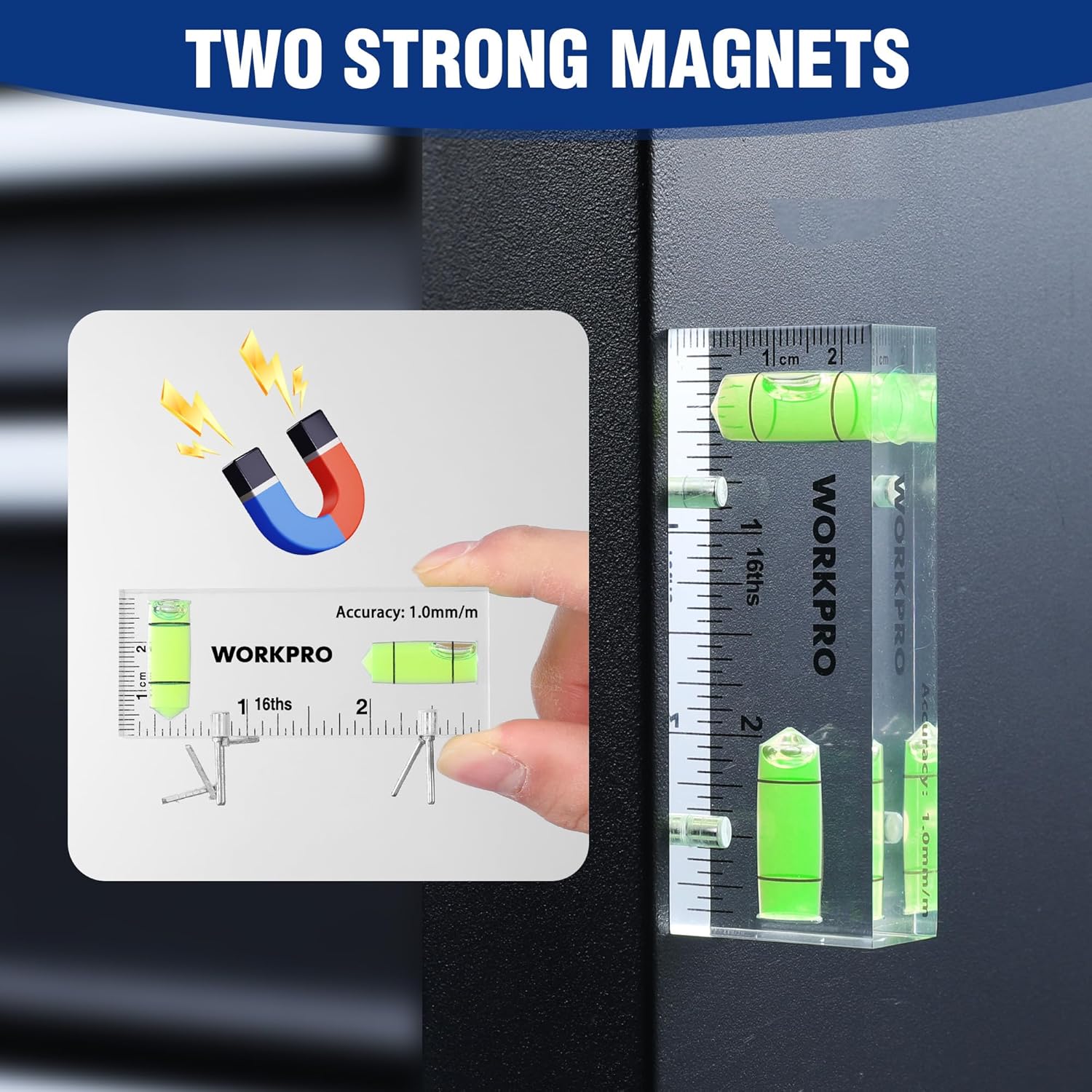 WORKPRO mini level with two strong magnets and green cross-check bubble vial