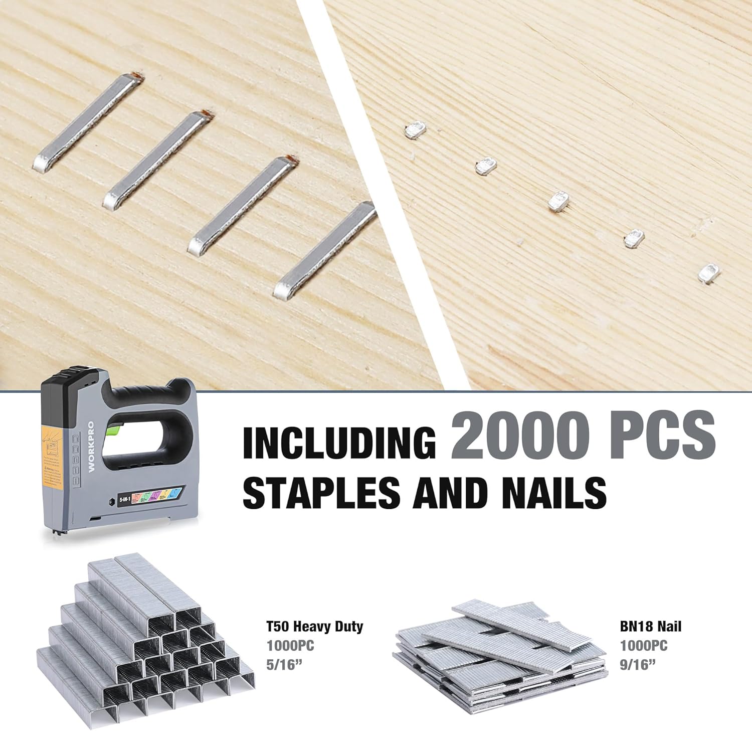 Cordless stapler with included staples and nails, angled front view on wood