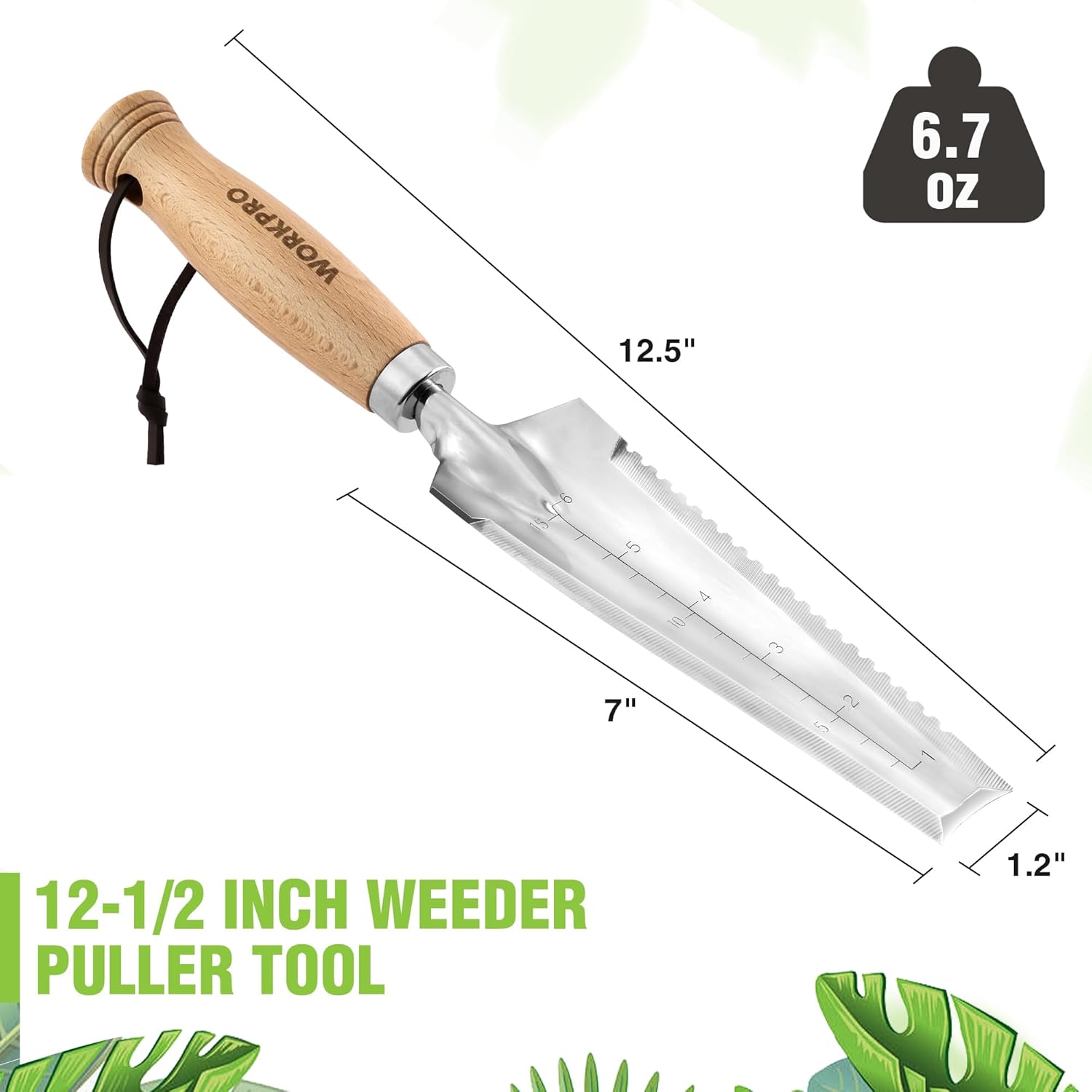 Stainless steel narrow hand weeder with wood handle and serrated blade
