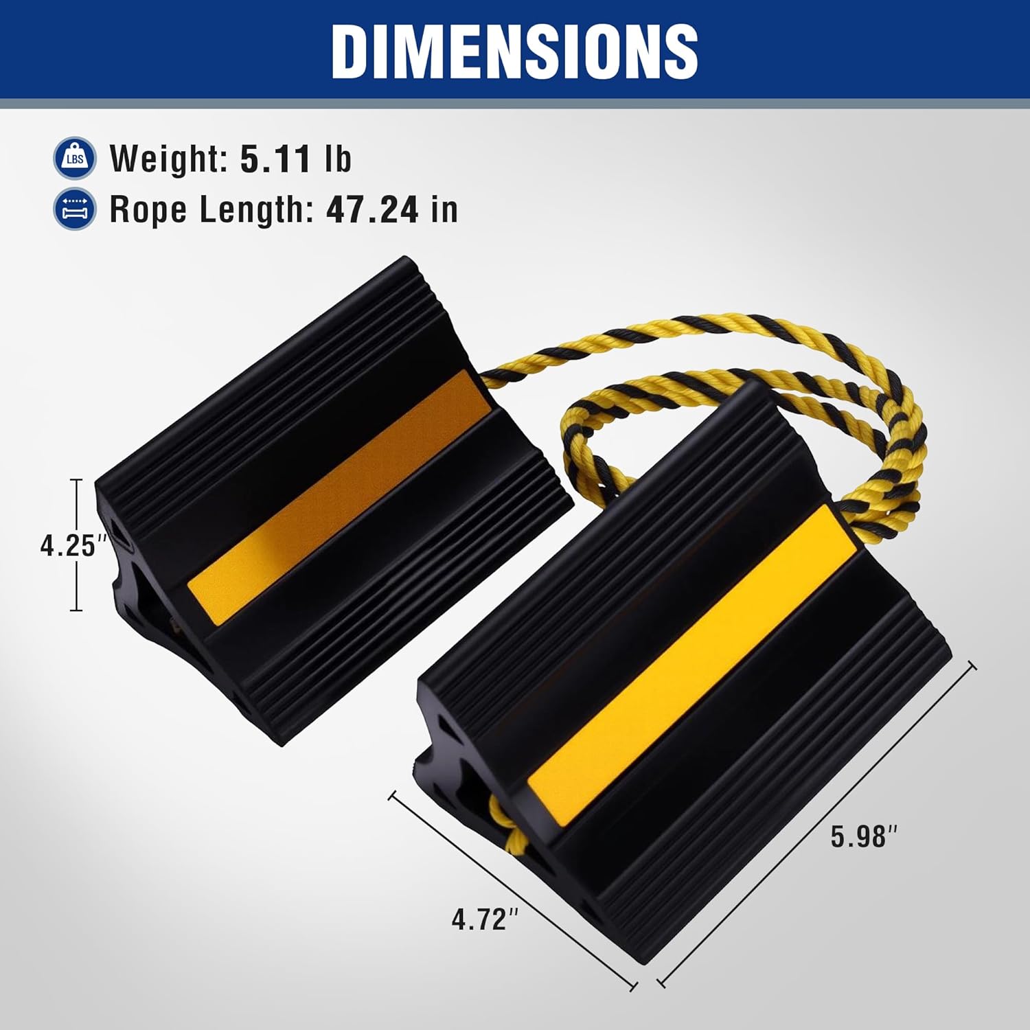 Rubber wheel chocks size diagram: wedge dimensions and rope length with 4-pack set