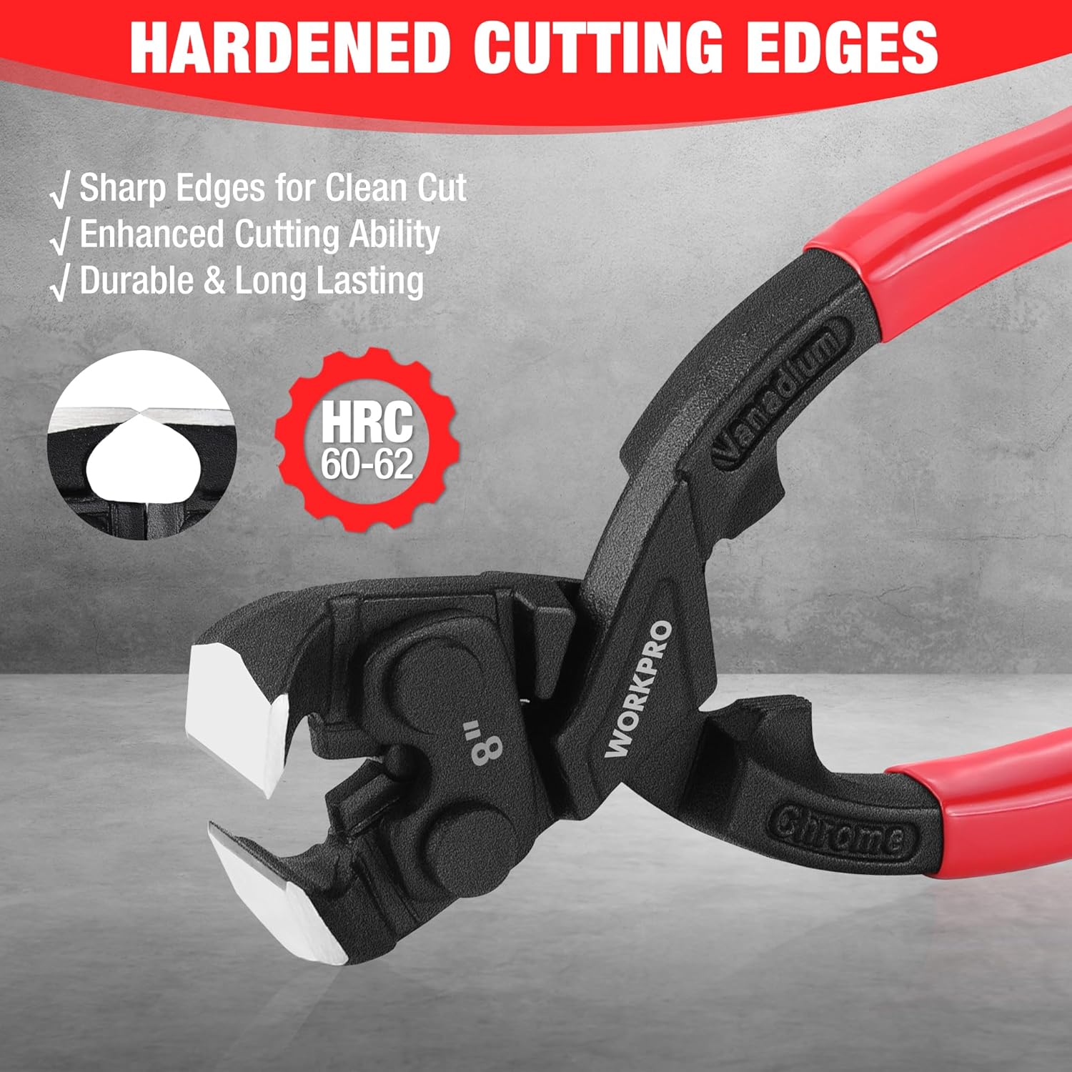 Nail puller pliers with hardened cutting edges, black jaws, and red handles