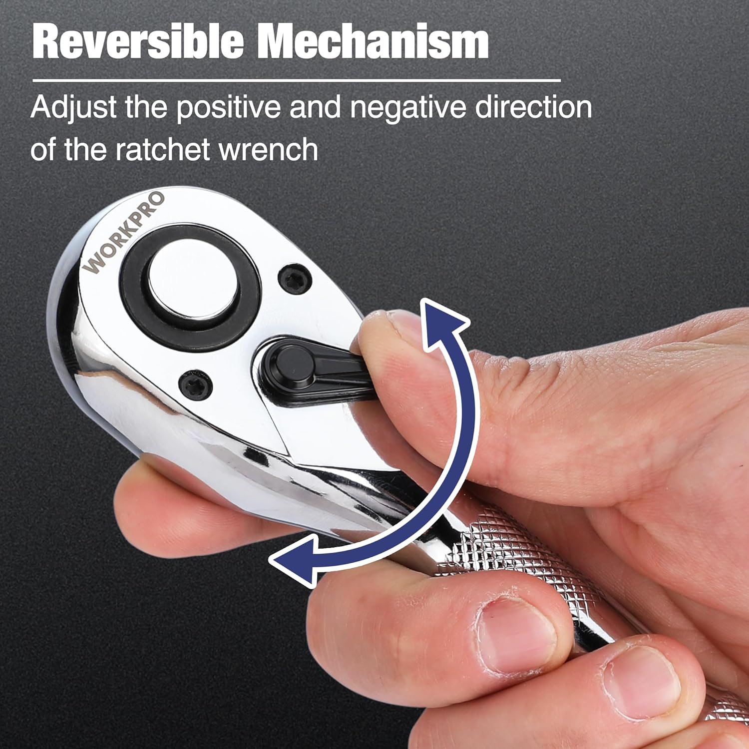 Reversible stubby ratchet mechanism with quick-release switch, shown with hand