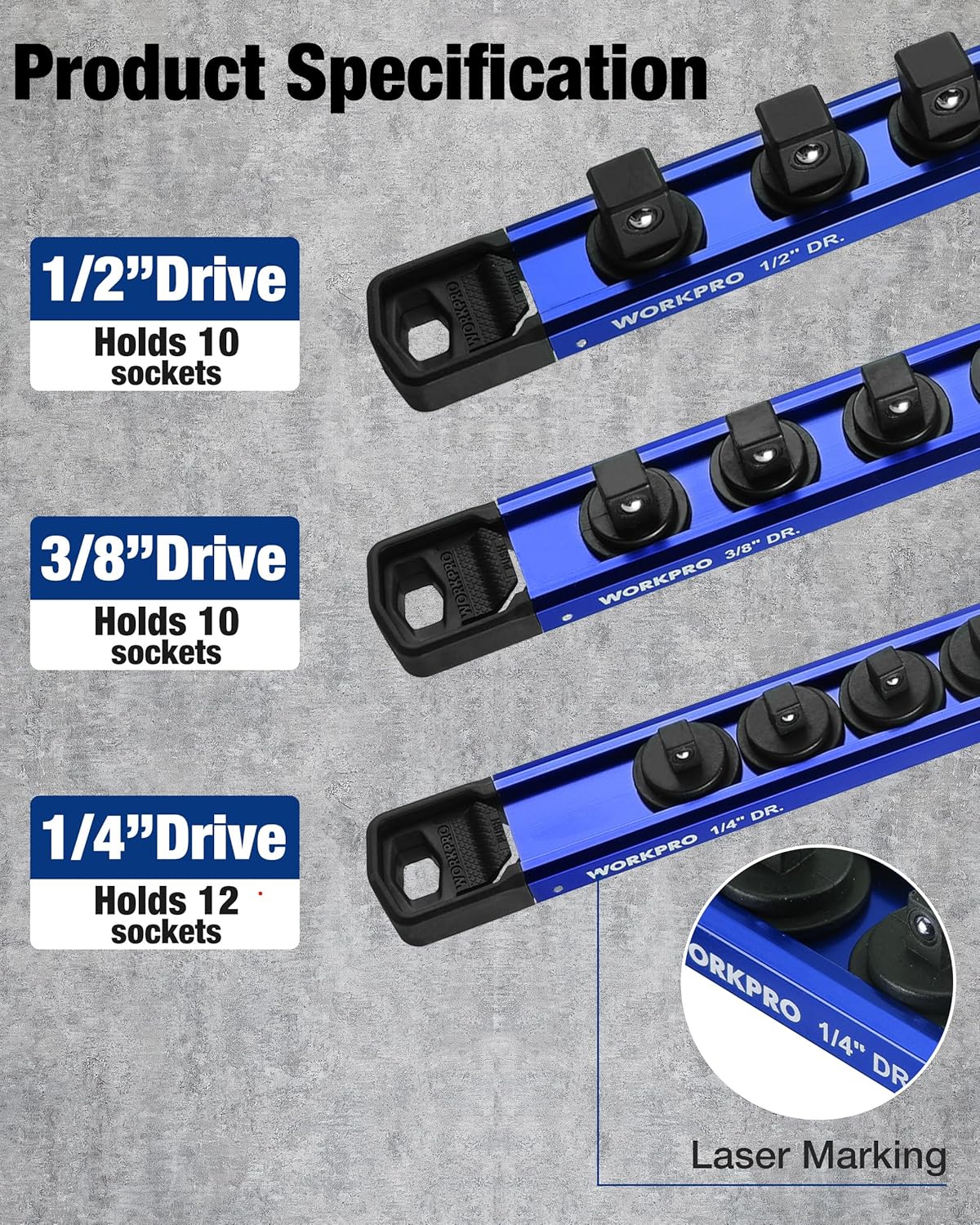 Three-drive WORKPRO socket organizer rails: 1/2, 3/8, and 1/4 drive markings