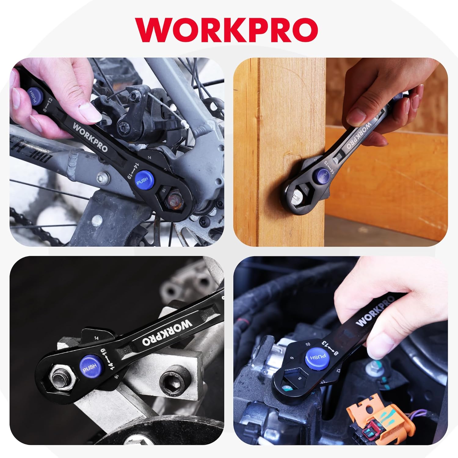 WORKPRO universal wrench with blue push button, shown tightening bolts on machinery and wood