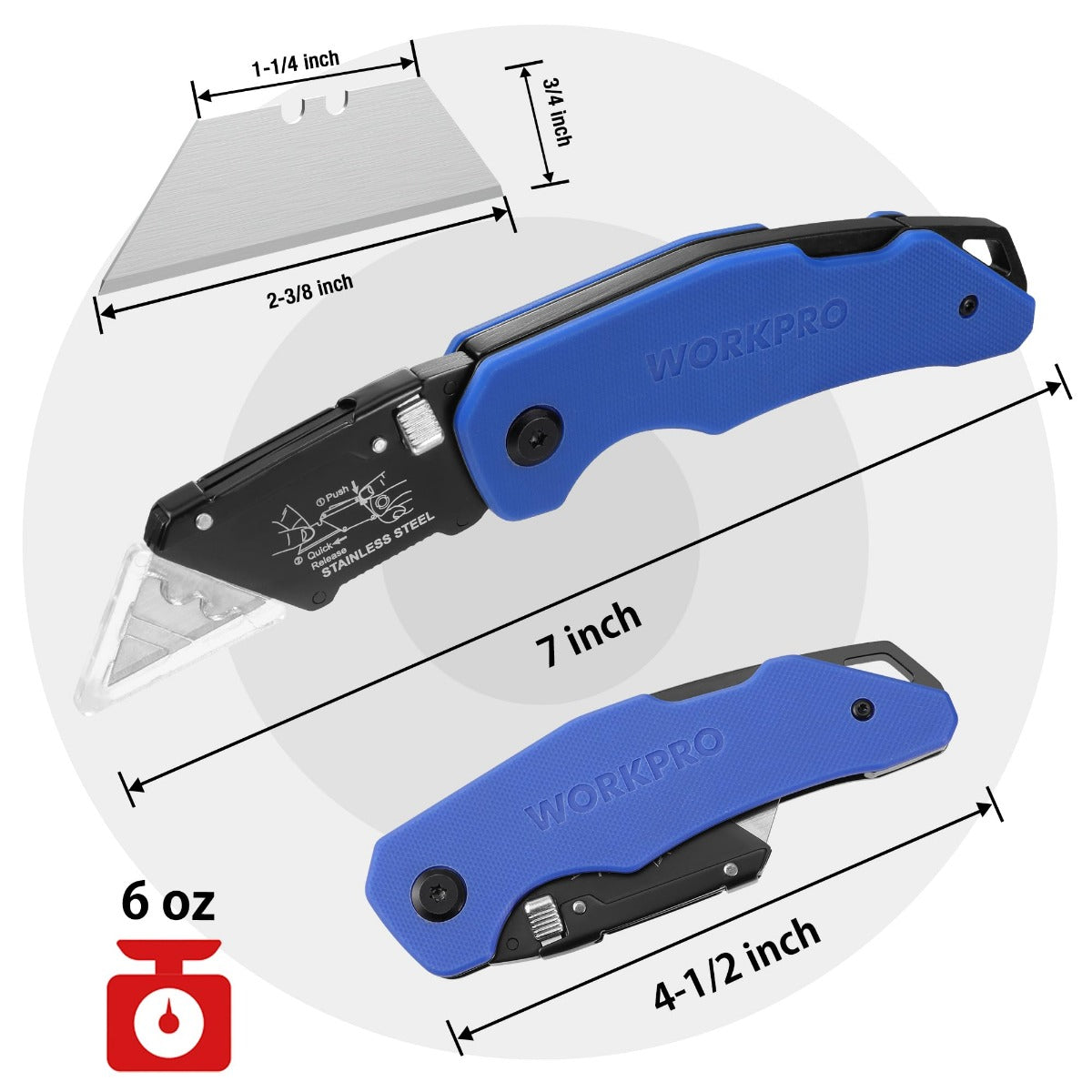 Blue G10 folding utility knife with blade out and size dimensions shown