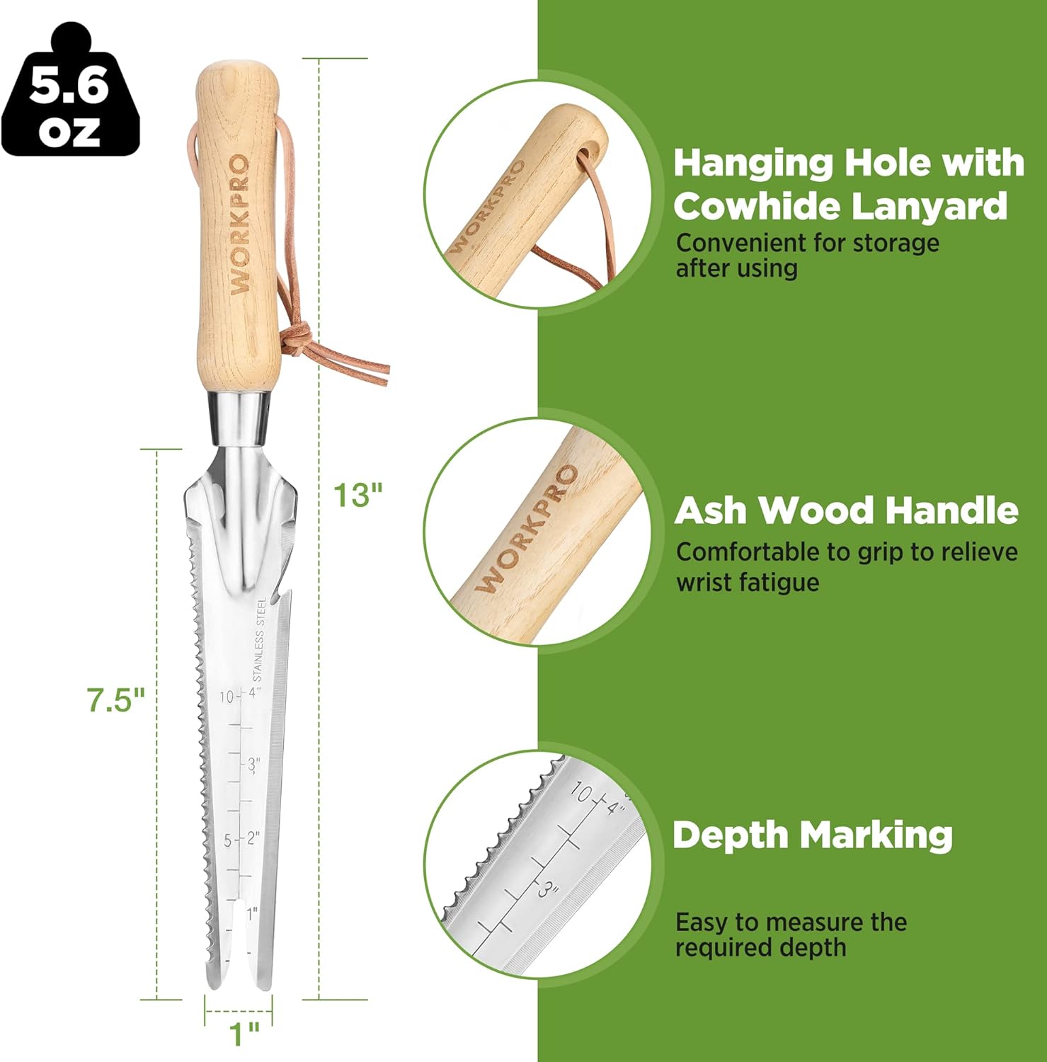 Stainless weeder tool with wooden handle, cowhide lanyard, and depth markings on blades