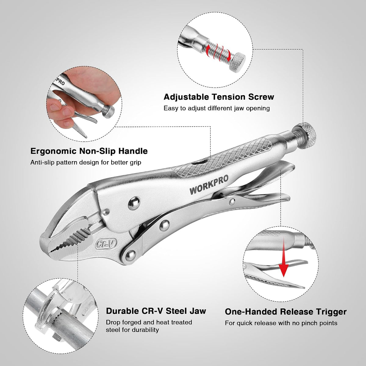 WORKPRO Locking Pliers, 10-inch Curved Jaw Vice Grips pliers | Chromium-Vanadium Steel Locking Pliers with Wire Cutter, Locking Adjustable Vise Grips for Clamping Twisting Welding
