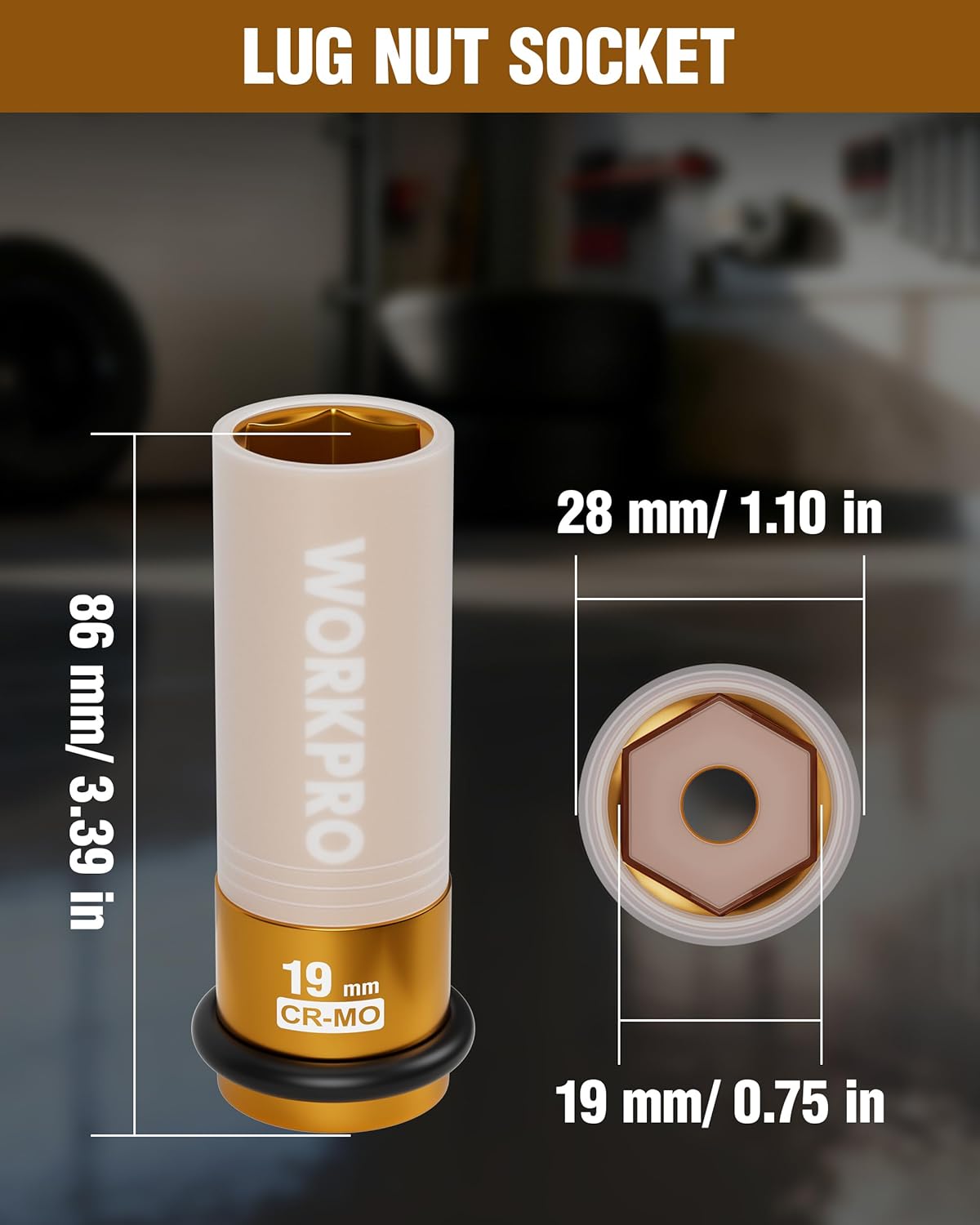 19mm lug nut impact socket, deep thin-wall 6-point, non-marring insert