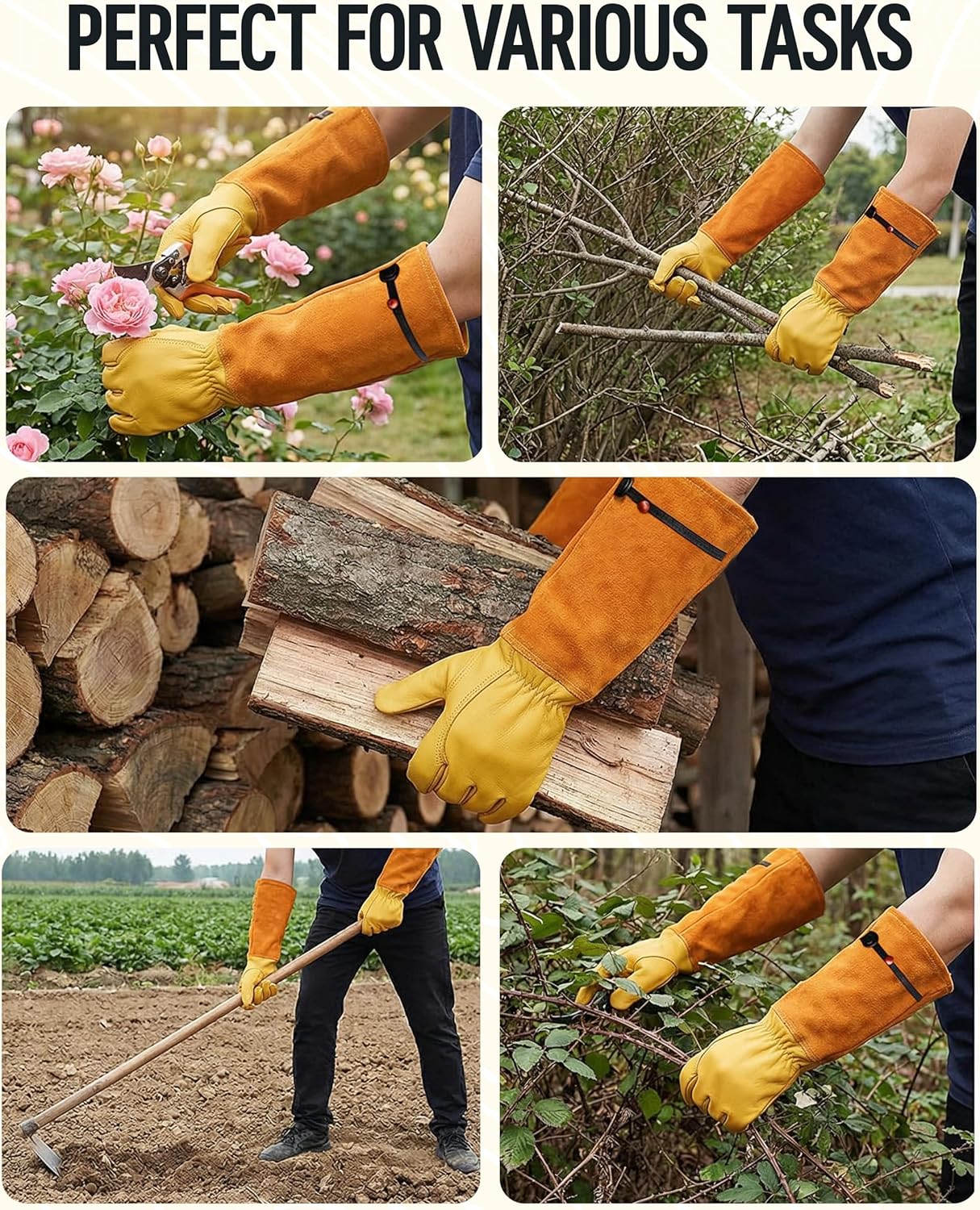 Long gardening gloves shown in multiple yard tasks, yellow palms and brown forearms