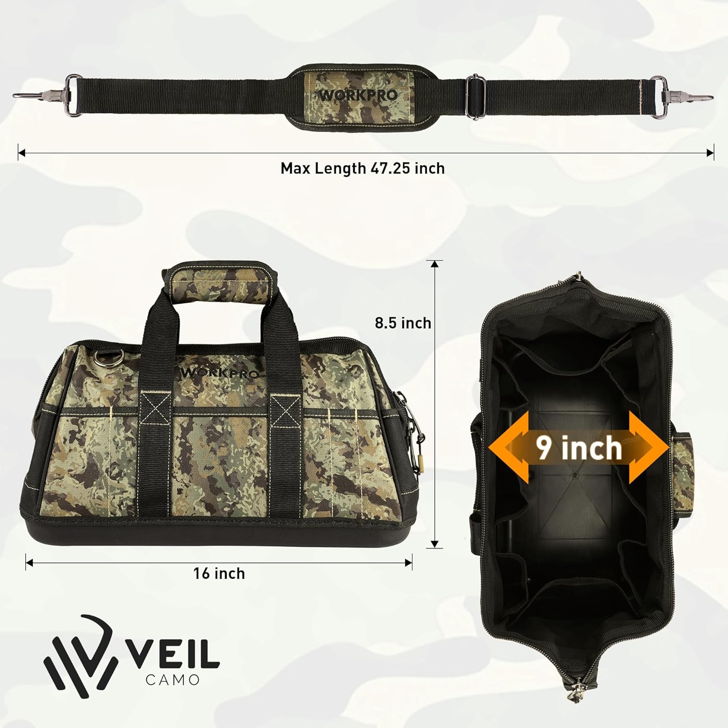 16-inch camouflage tool bag with adjustable shoulder strap and zippered main compartment