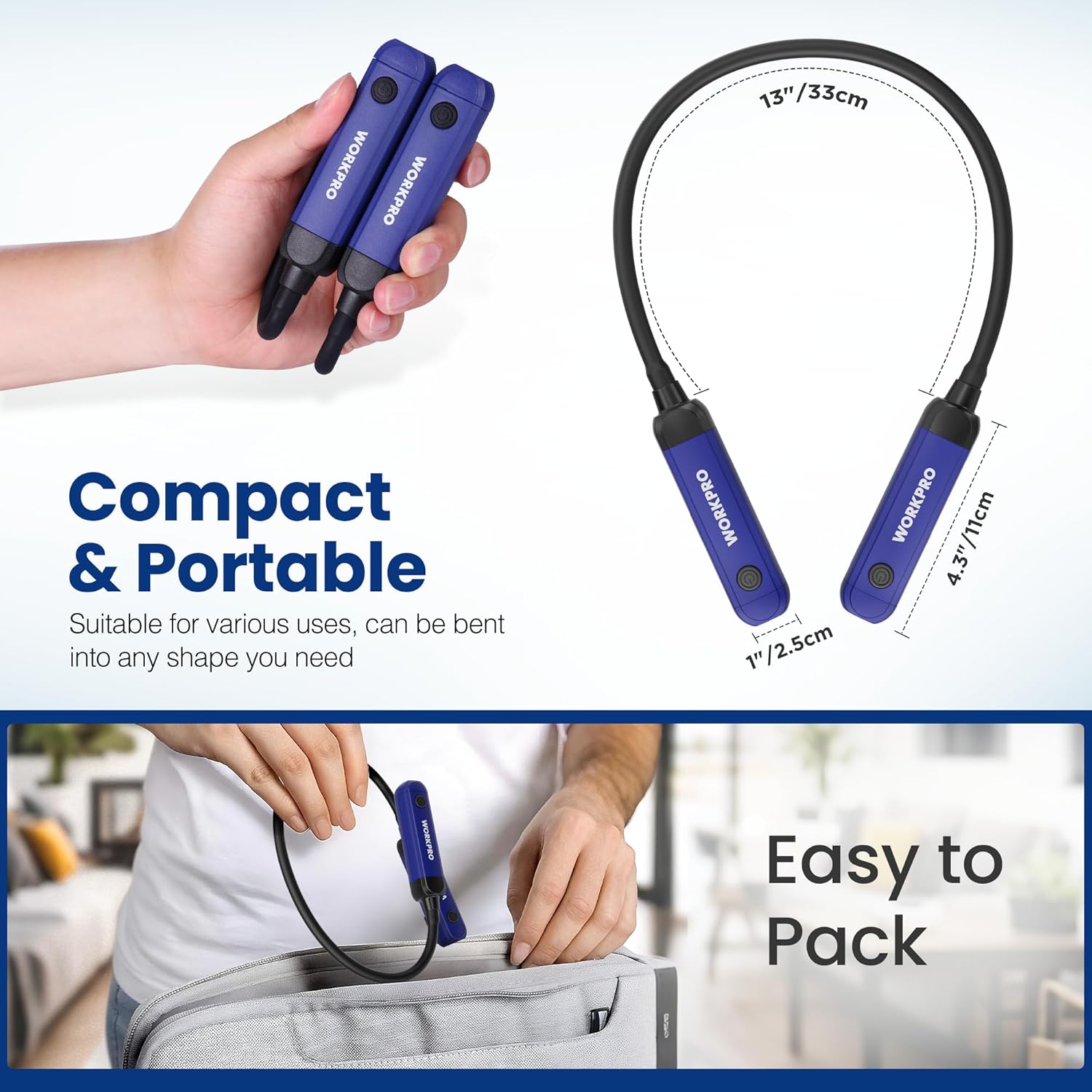 Blue and black rechargeable neck light with compact flexible silicone neck, two units shown