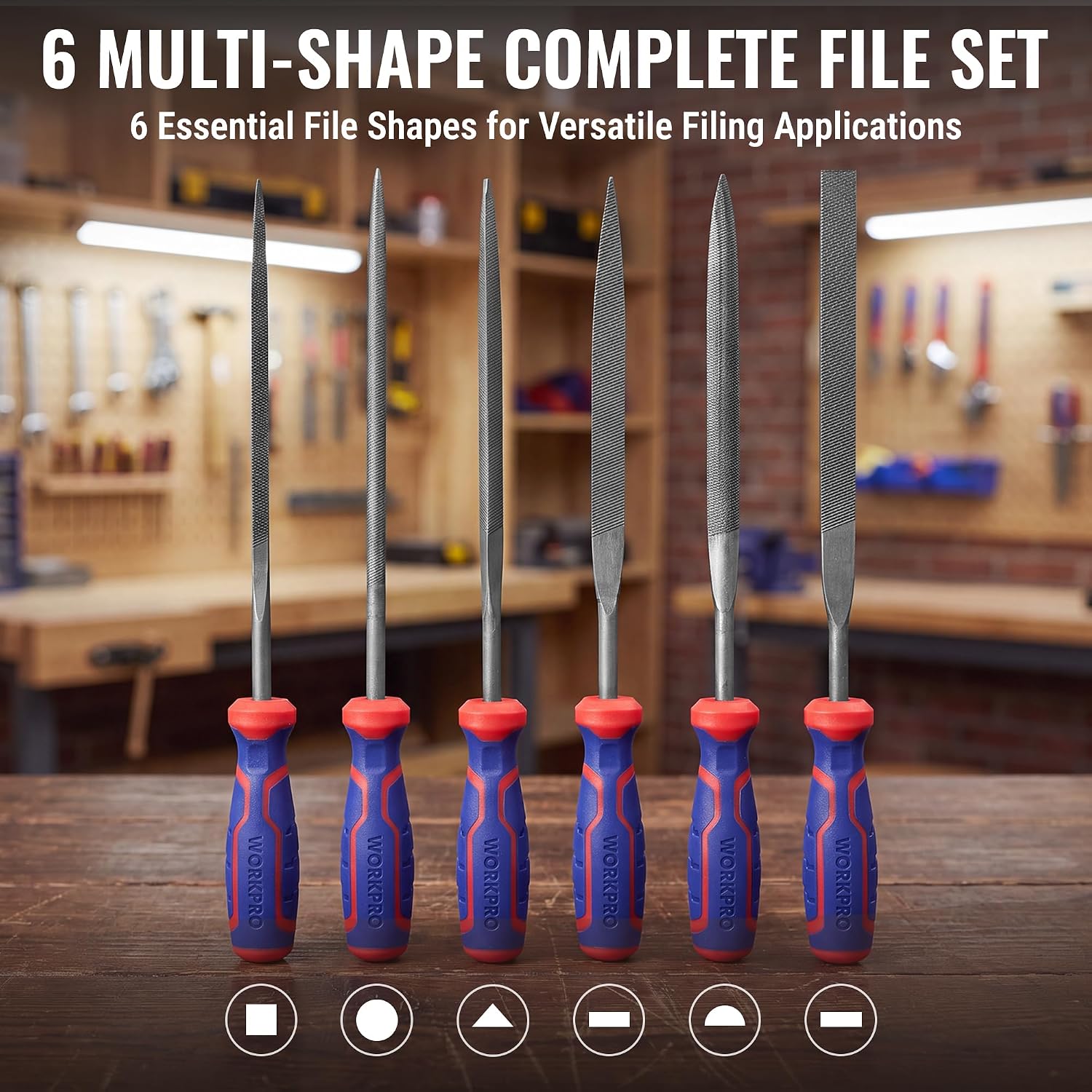 6-piece needle file set with blue-red non-slip handles and multi-shape steel tips