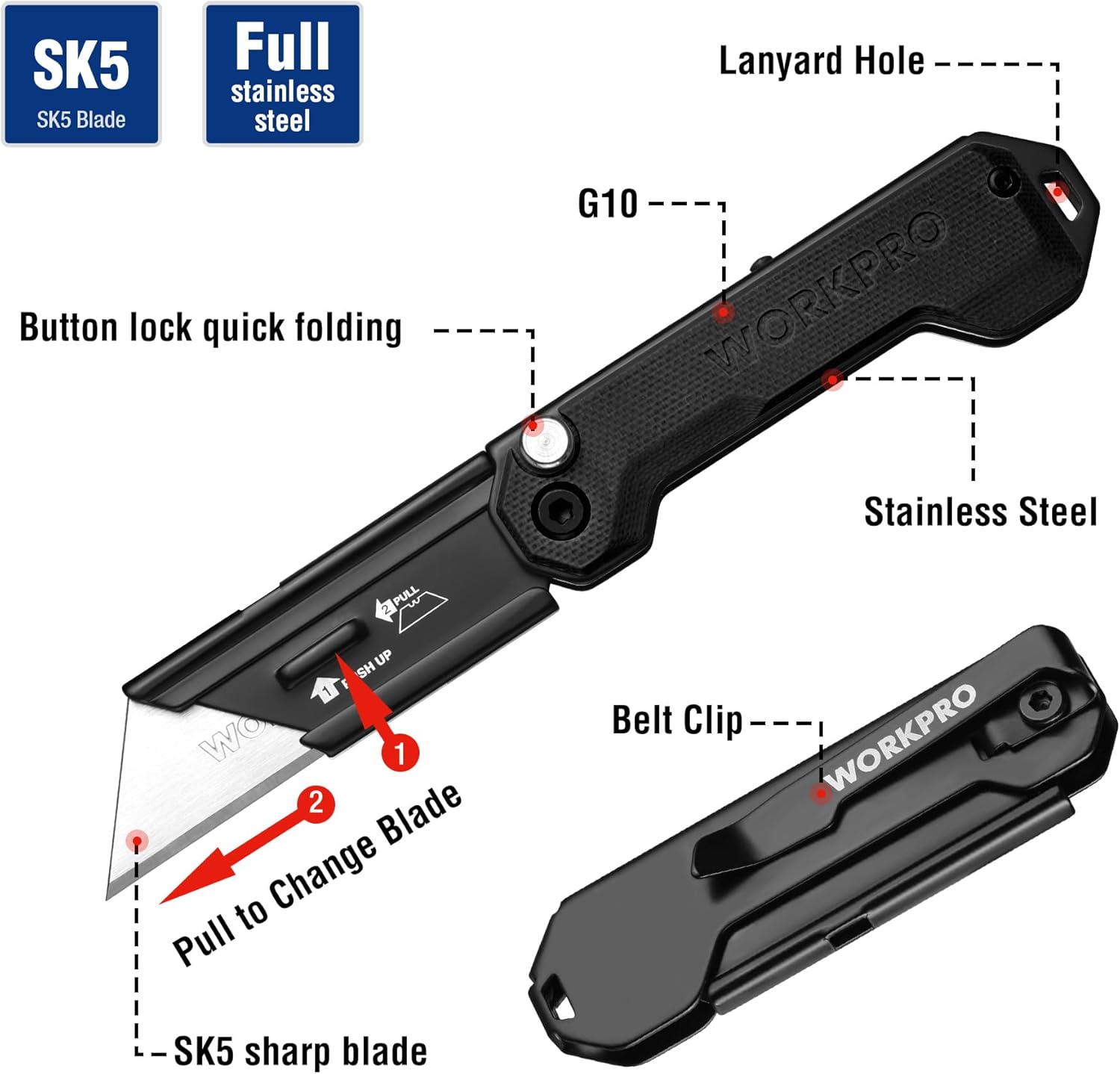 WORKPRO folding box cutter showing SK5 blade and belt clip, black handle