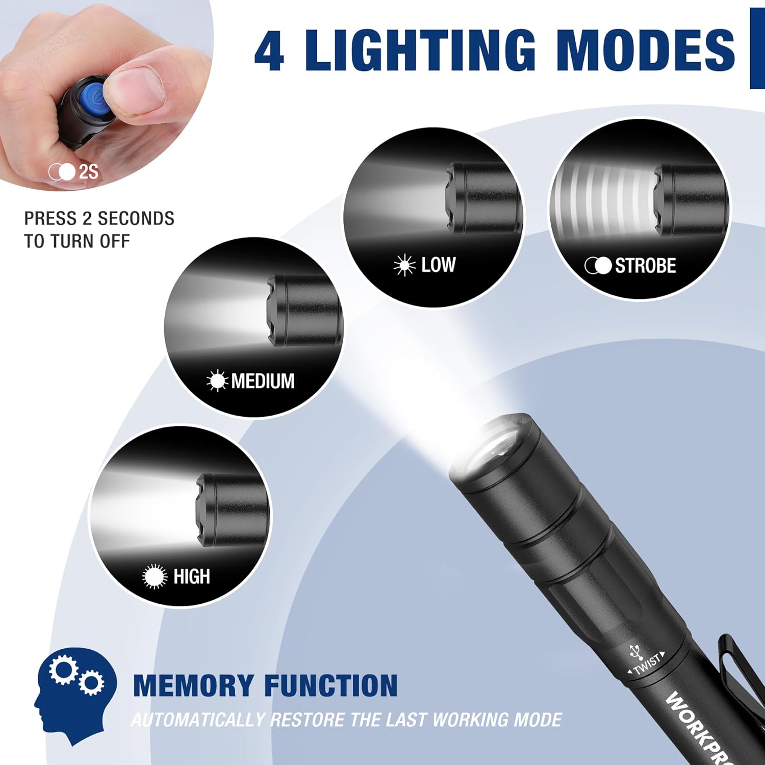 Black mini rechargeable pen light showing mode area with on/off end cap.