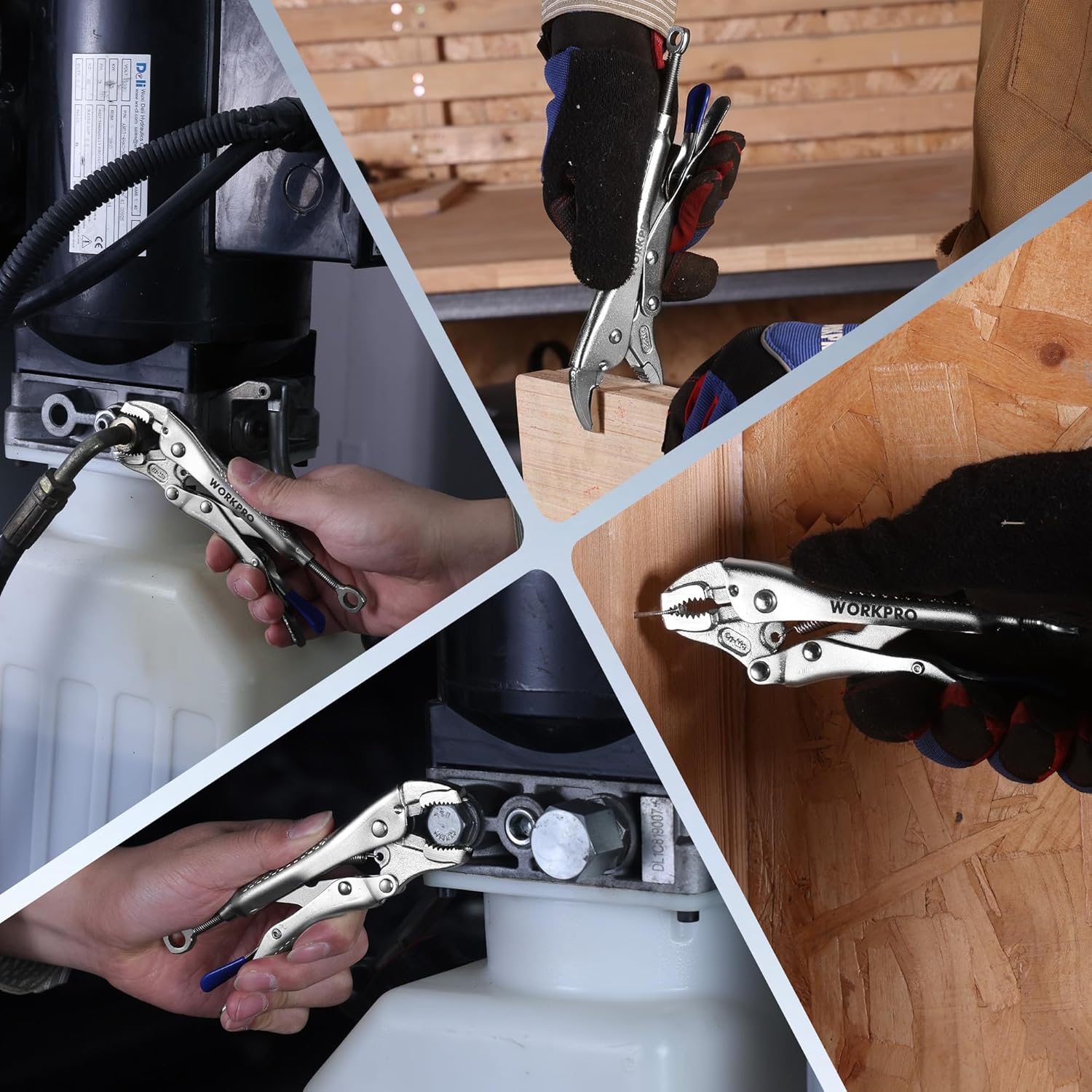 WORKPRO locking pliers shown in multiple clamping and tightening uses