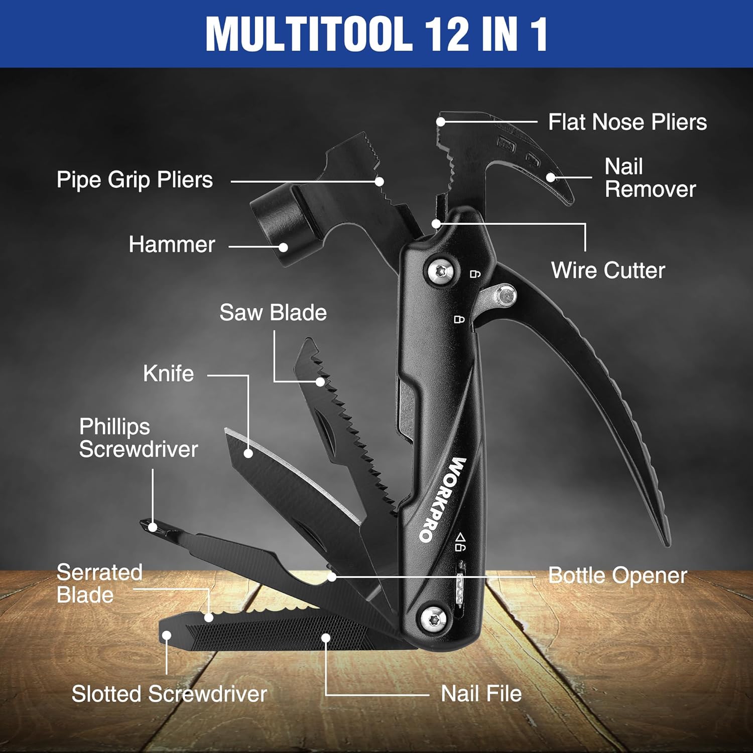Black 12-in-1 camping multitool with pliers, hammer, saw, knife, screwdrivers, bottle opener