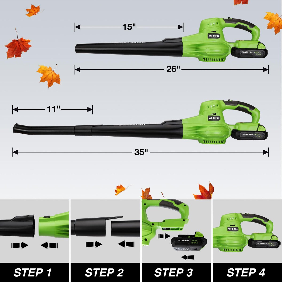 Green cordless leaf blower with black air tube, shown with size measurements